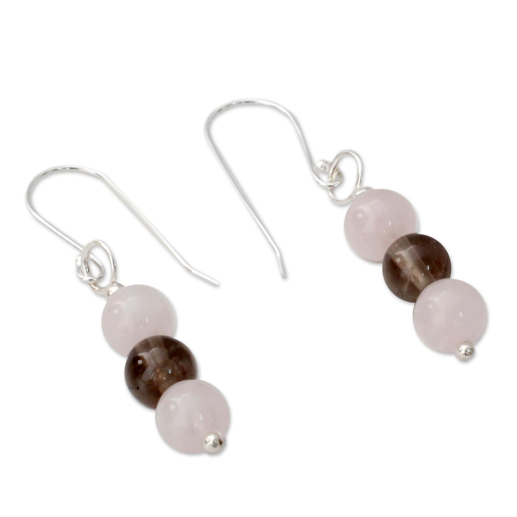 Premium Handcrafted Rose Quartz & Smoky Quartz Earrings with Sterling Silver Hooks