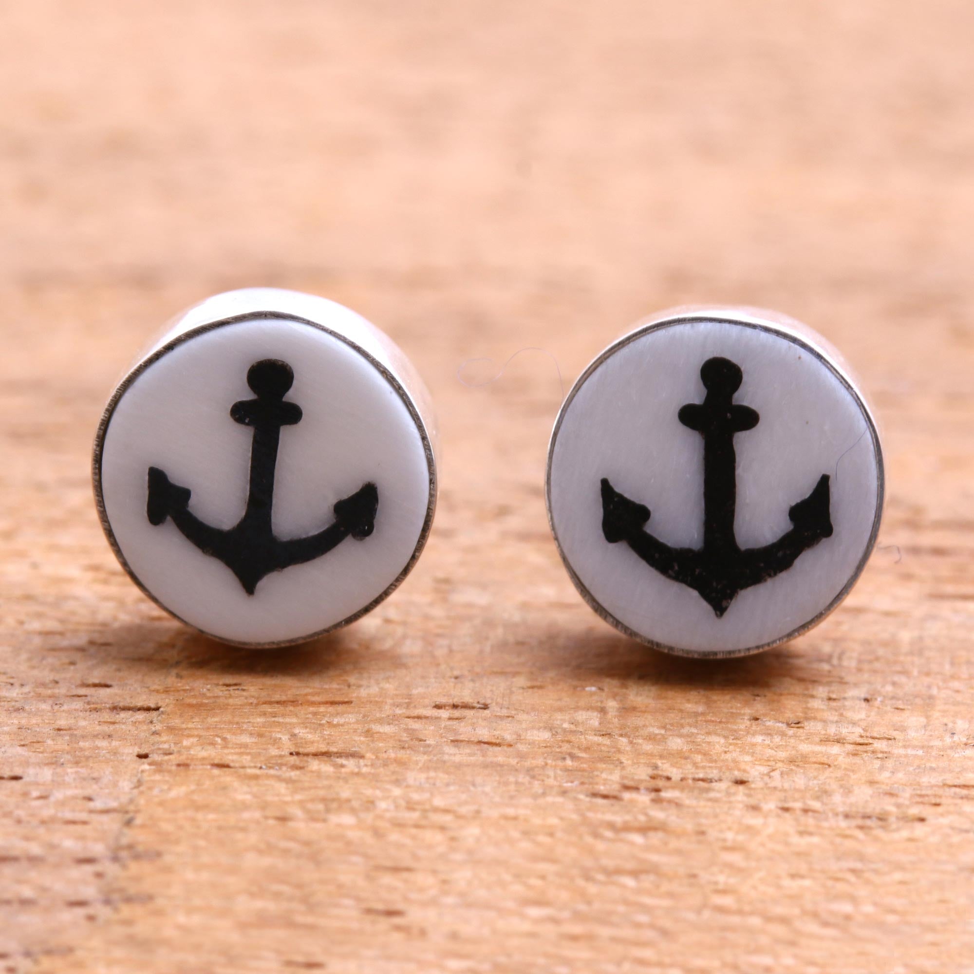 Premium Black Anchor Stud Earrings - Handcrafted Bali Silver Jewelry