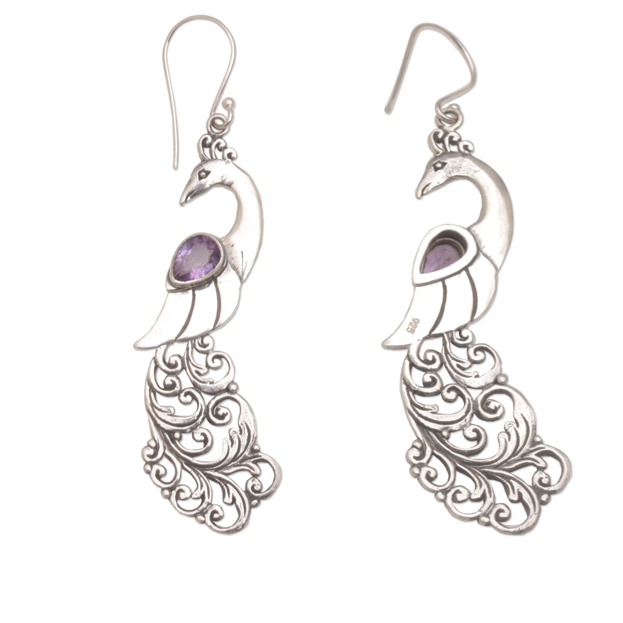 Premium Amethyst Peafowl Dangle Earrings in Sterling Silver