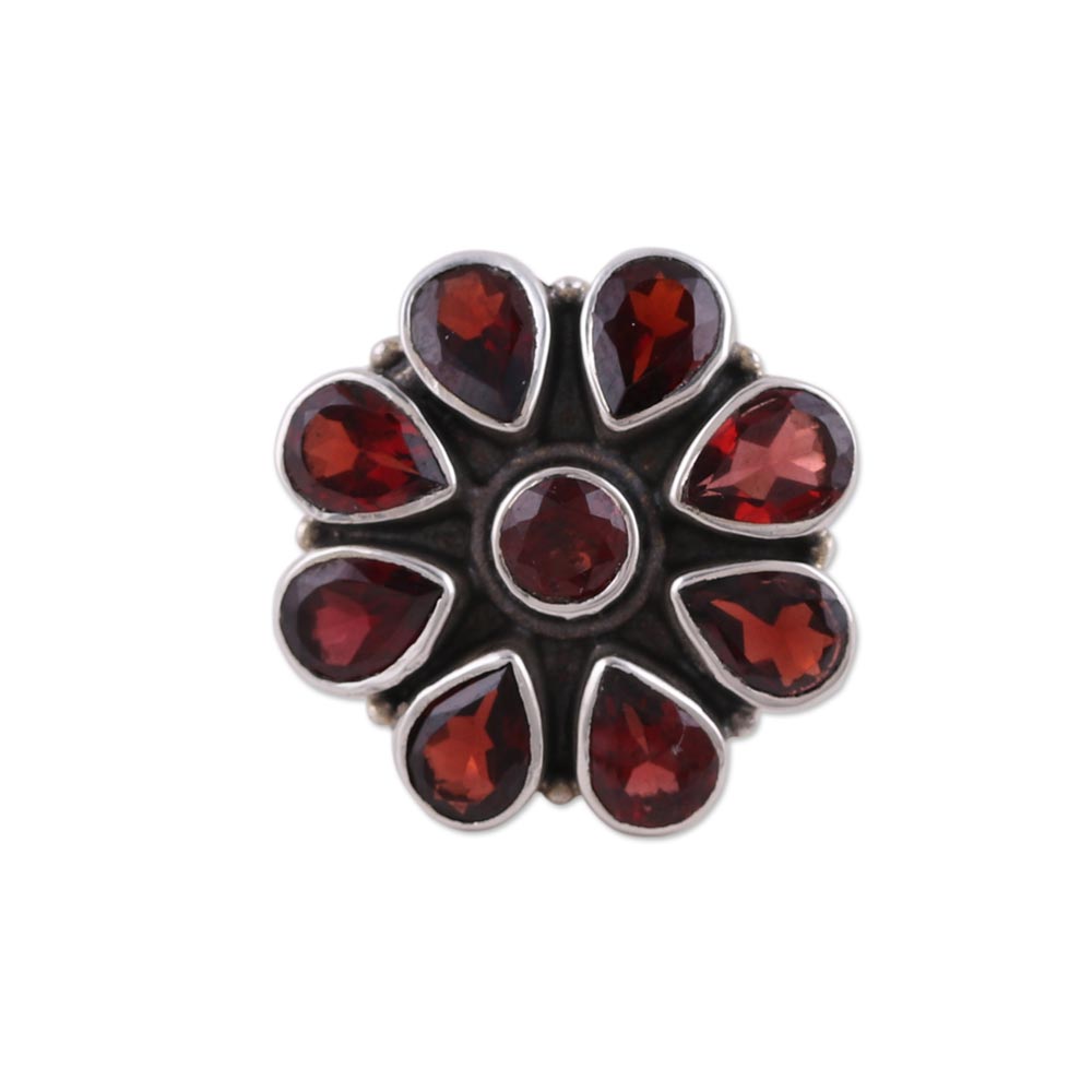 Premium Floral Glamour Garnet Ring - Sterling Silver Flower Jewelry