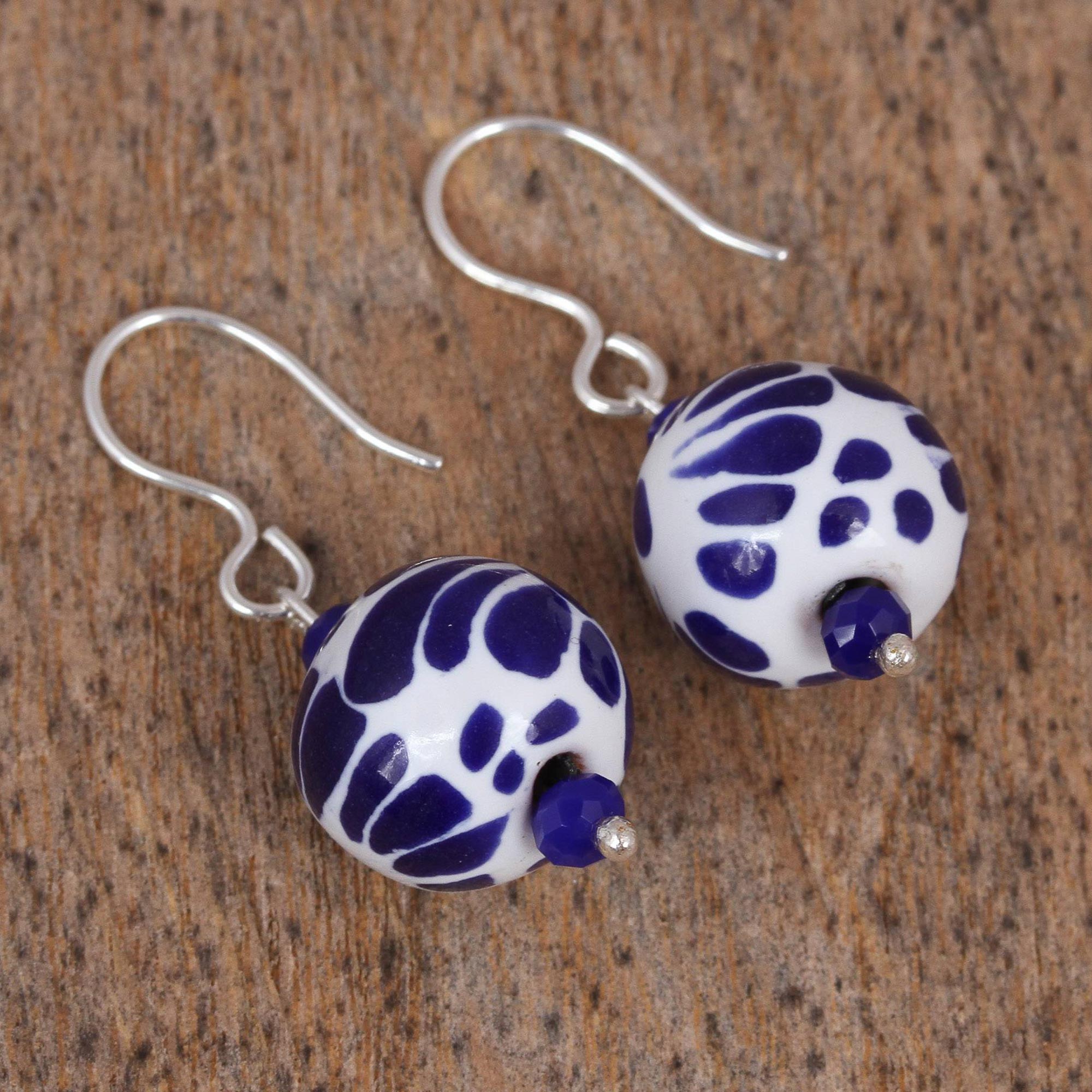 Premium Talavera-Style Ceramic Dangle Earrings with Floral Blue Design