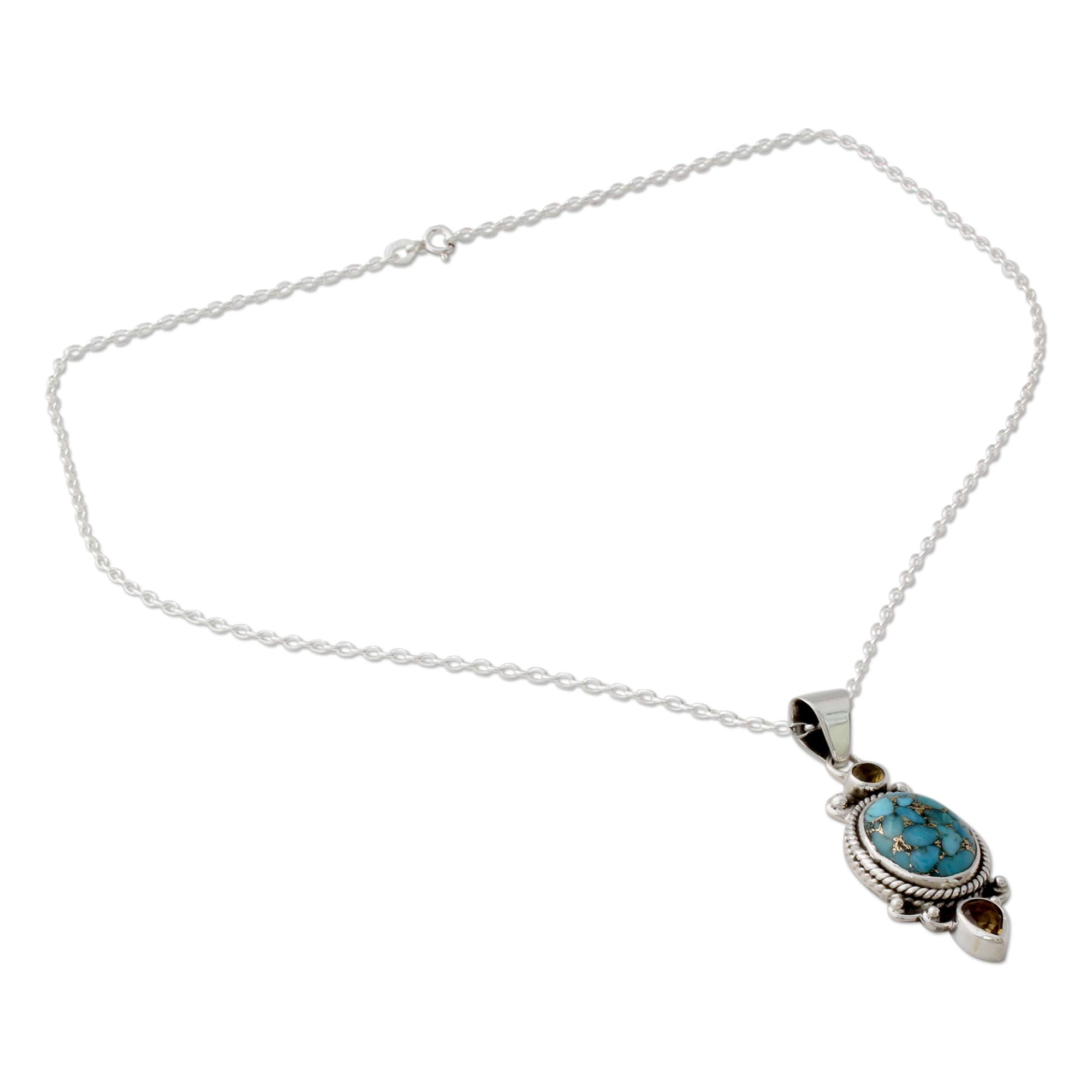 Premium Blue Silver Pendant Necklace with Citrine & Turquoise - Ultimate Elegance