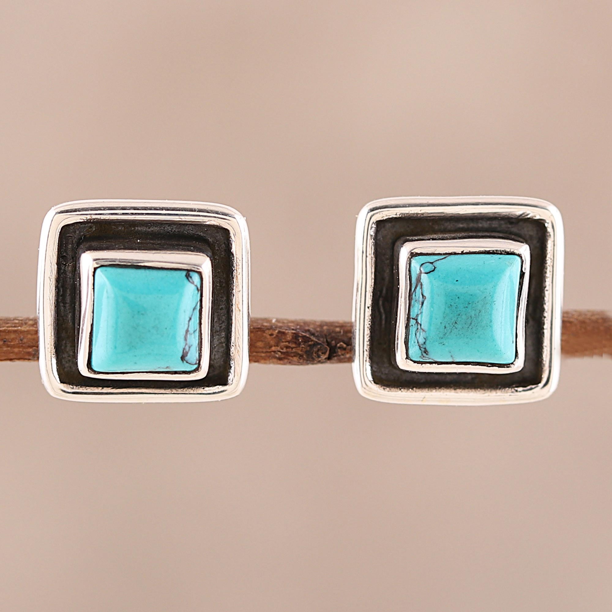 Premium Sky Frame Square Calcite Stud Earrings - Handcrafted in India