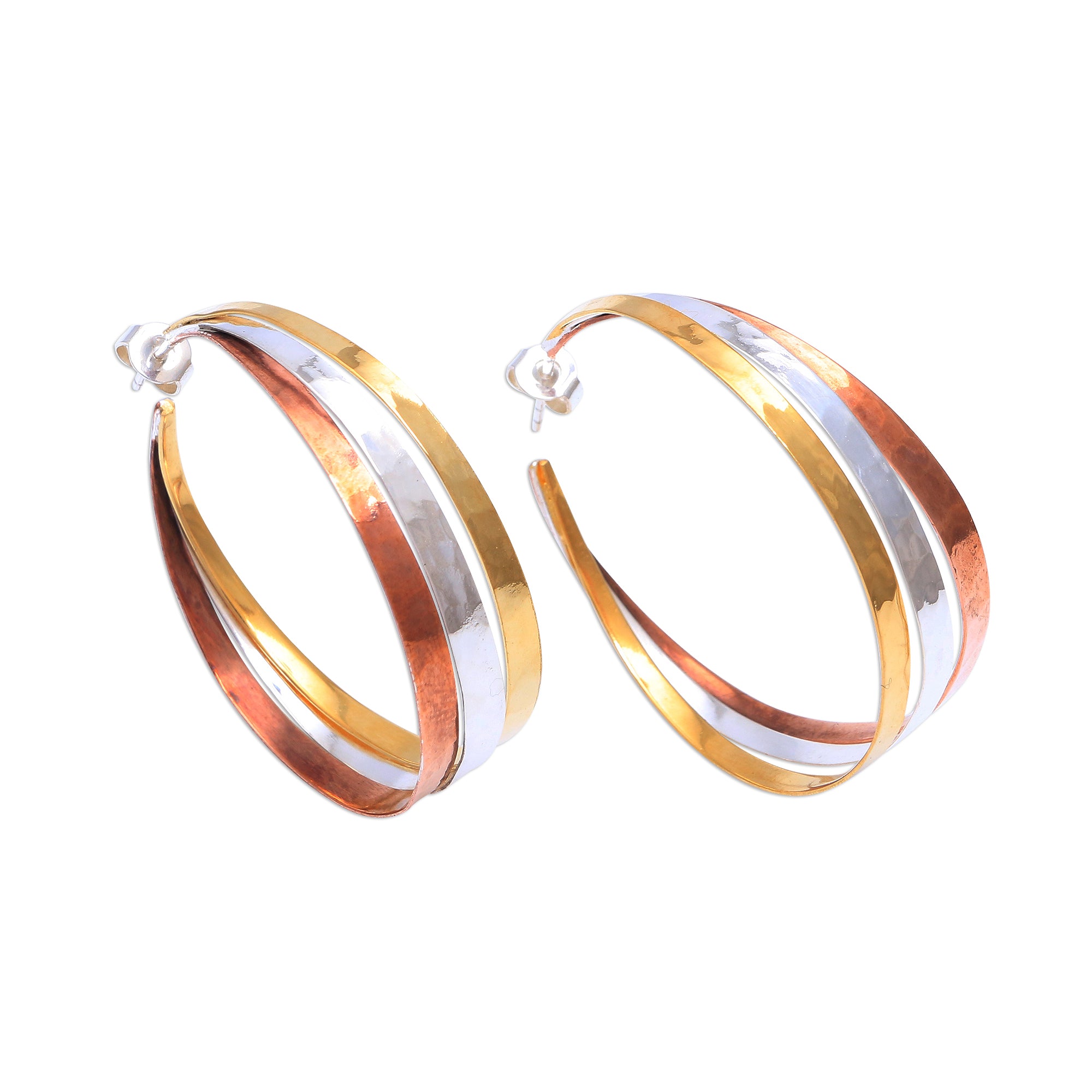 Premium Metallic Rainbow Gold Accent Sterling Silver Half-Hoop Earrings - Handcrafted in Bali