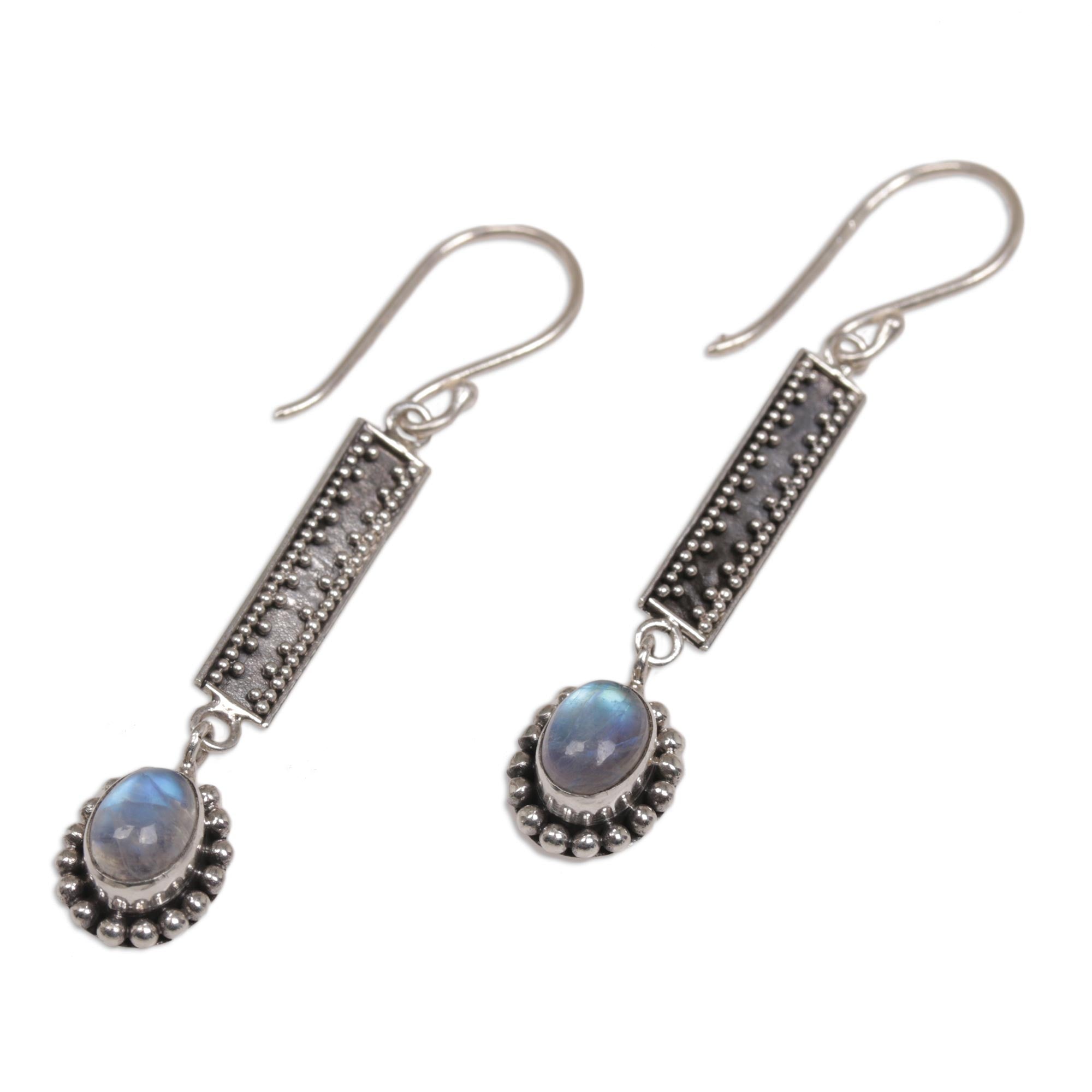 Premium Handcrafted Rainbow Moonstone Dangle Earrings from Bali - Falling Rainbow Drops