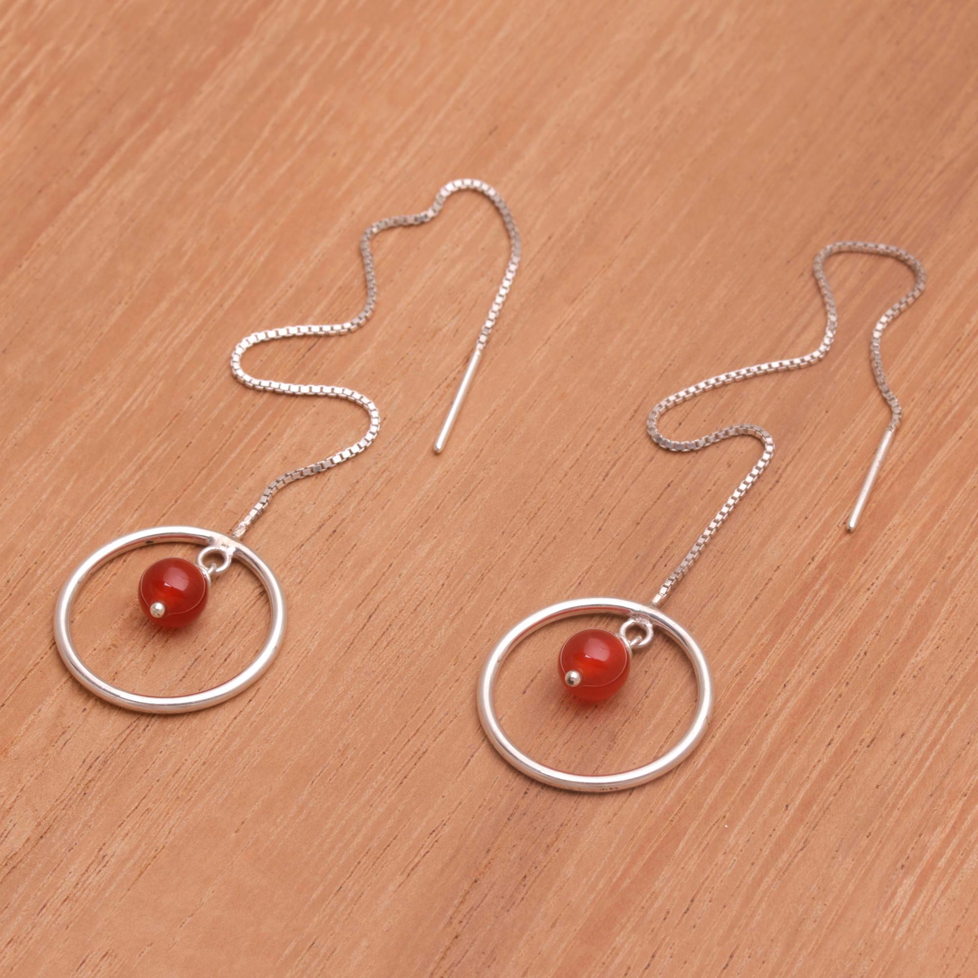 Premium Soulful Rings Carnelian Sterling Silver Threader Earrings - Handcrafted in Bali