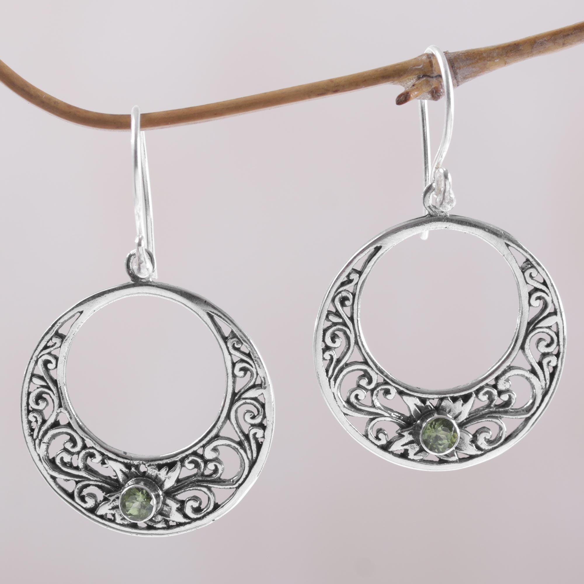 Premium Crescent Spirals Peridot Dangle Earrings - Handcrafted 925 Sterling Silver from Bali