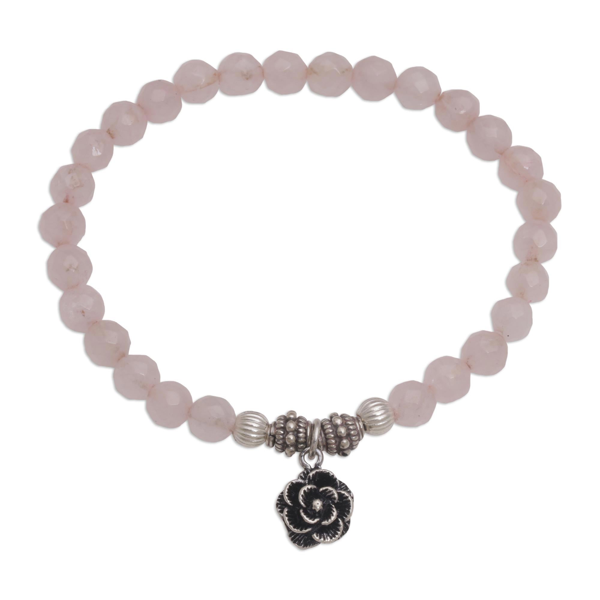 Premium Rose Quartz & Flower Charm Bracelet - Handcrafted in Bali