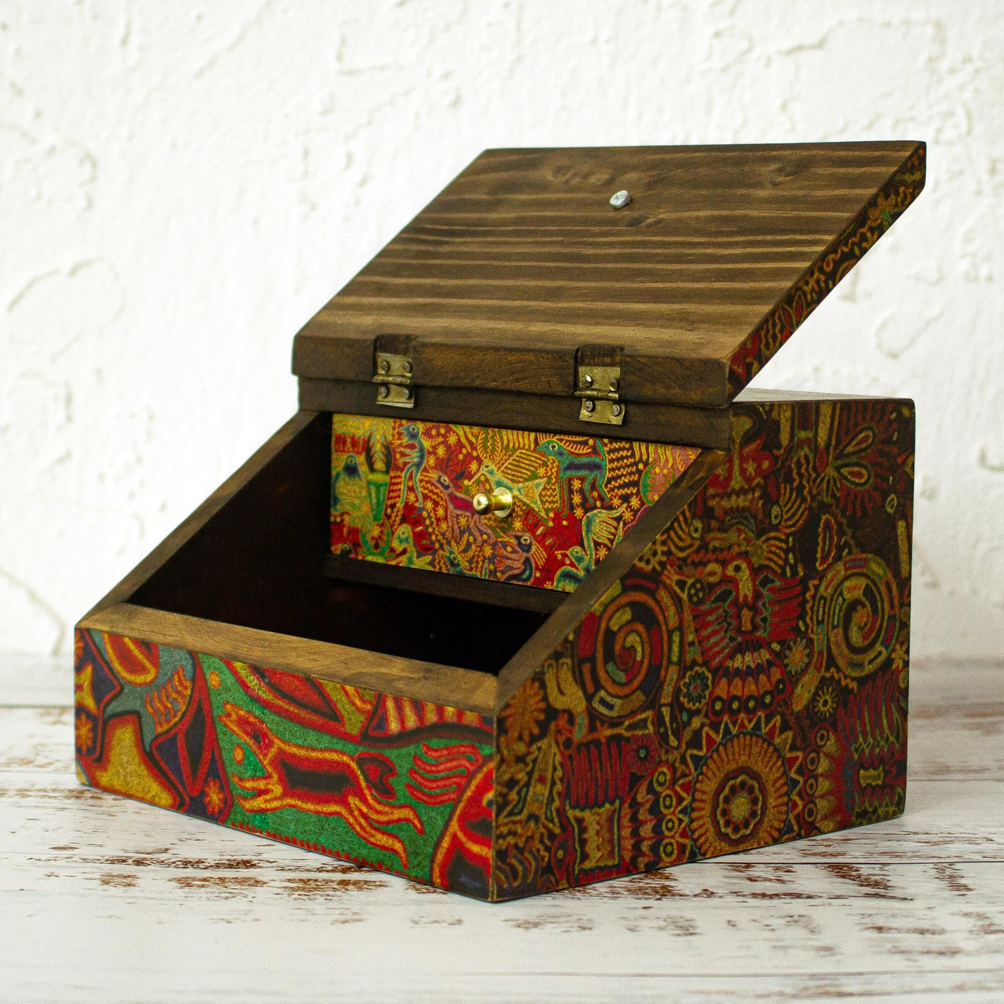 Premium Huichol Art Jewelry Box - Handcrafted Decoupage Wood Design