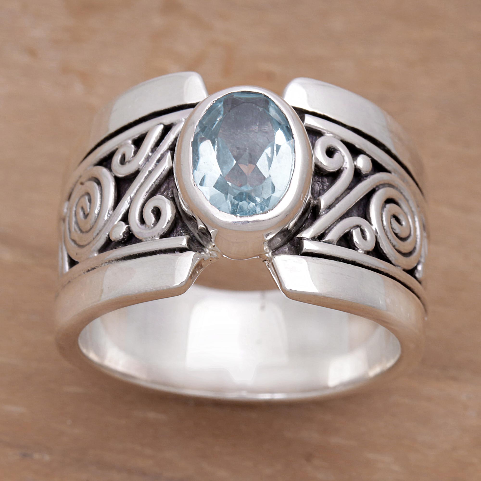 Premium Blue Karma Sterling Silver Ring with Blue Topaz - Artisan Crafted in Bali