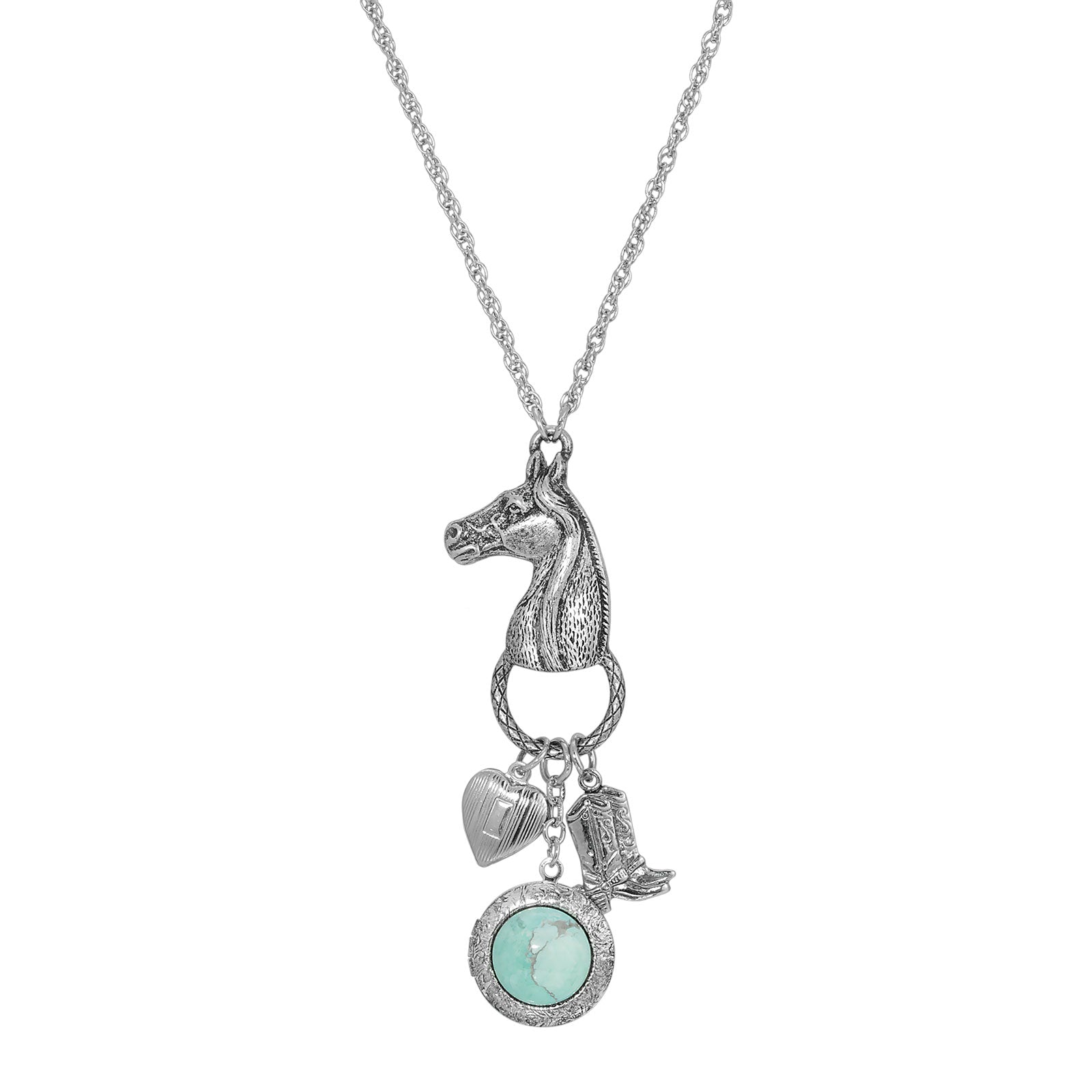 Premium Silver-Tone Turquoise Horse Head Charm Necklace with Heart & Boot Pendants - 28 Inch