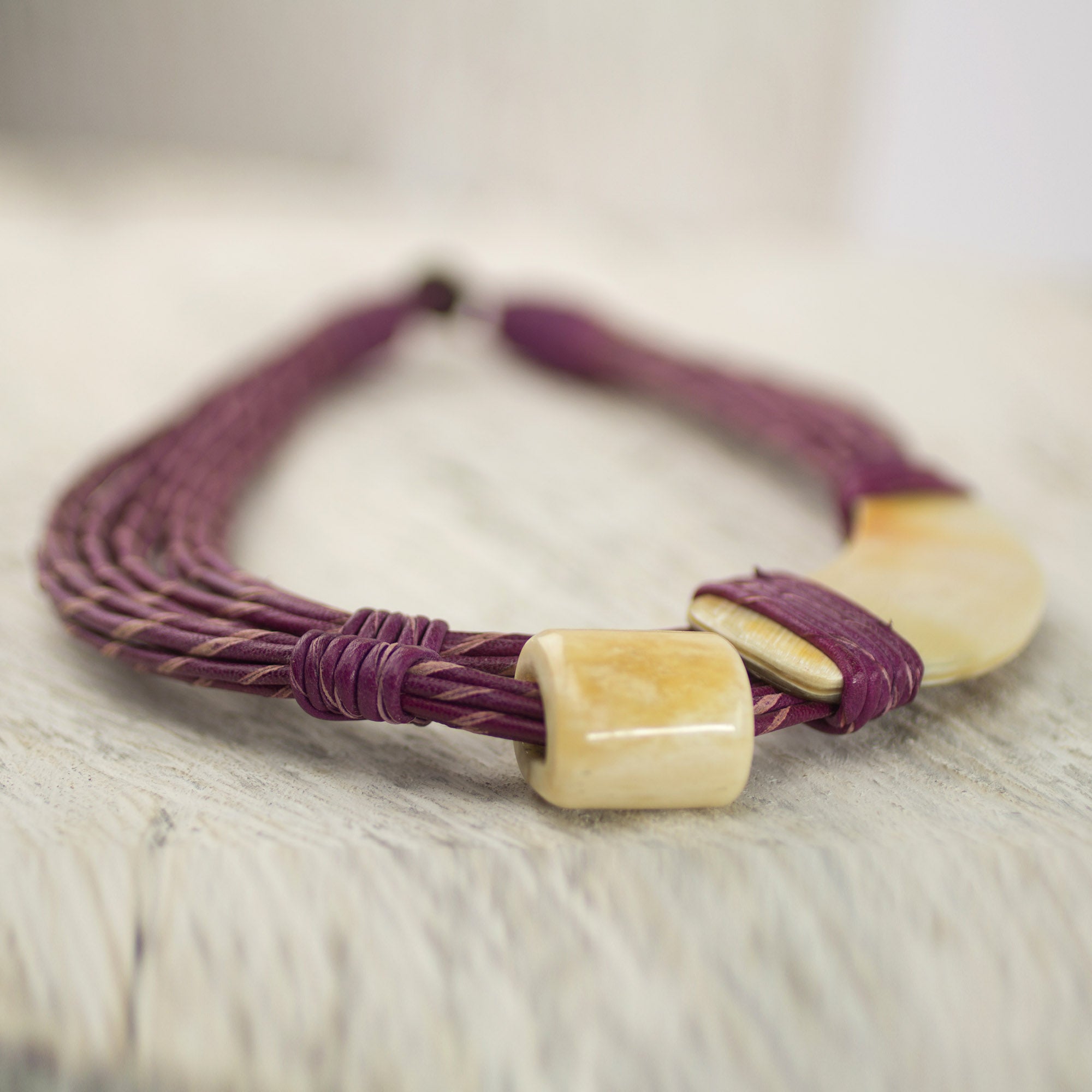 Premium Sougri Violet Handcrafted Leather Necklace with Bone & Horn Pendant