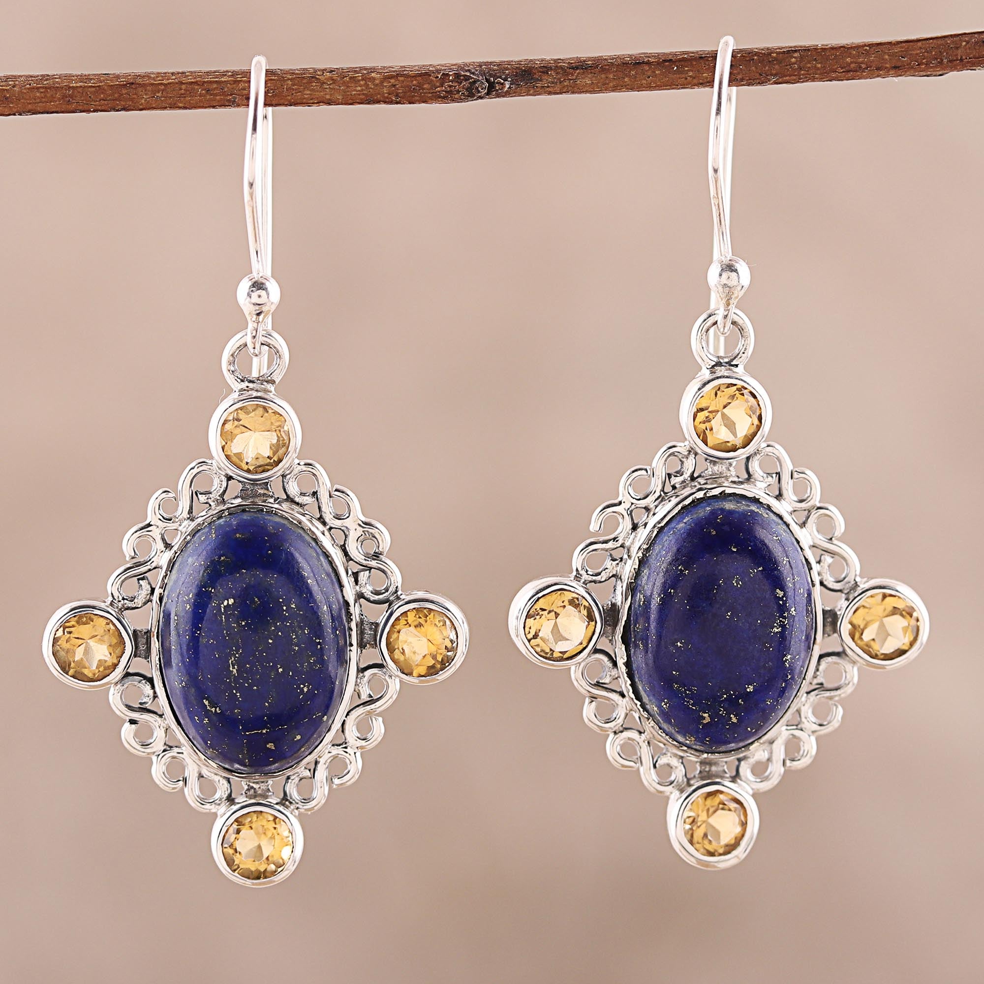 Premium Royal Frame Lapis Lazuli & Citrine Dangle Earrings | Handcrafted in India