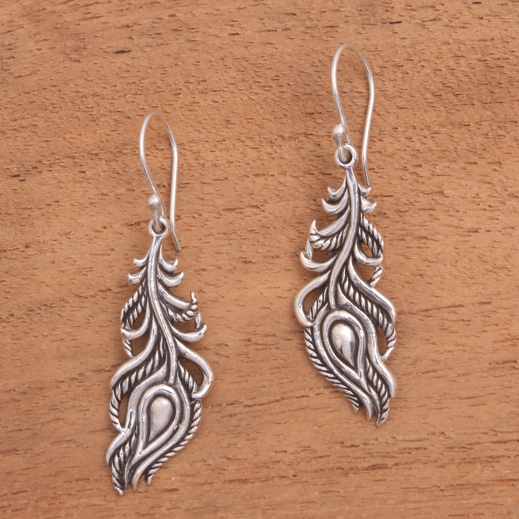 Premium Sterling Silver Peacock Feather Dangle Earrings - Bali Inspired Luck & Elegance