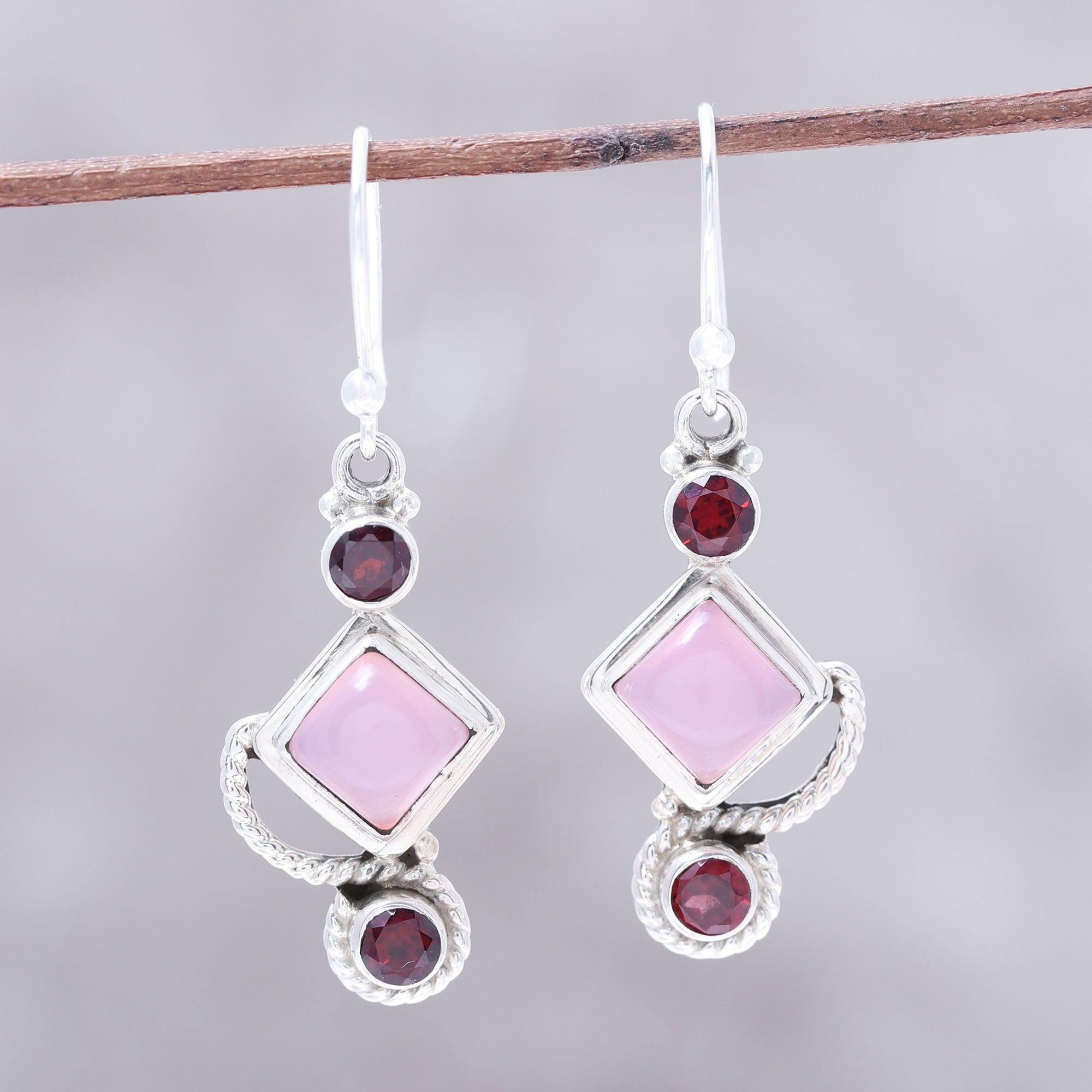 Premium Horizon Garnet & Pink Chalcedony Dangle Earrings - Handcrafted in India