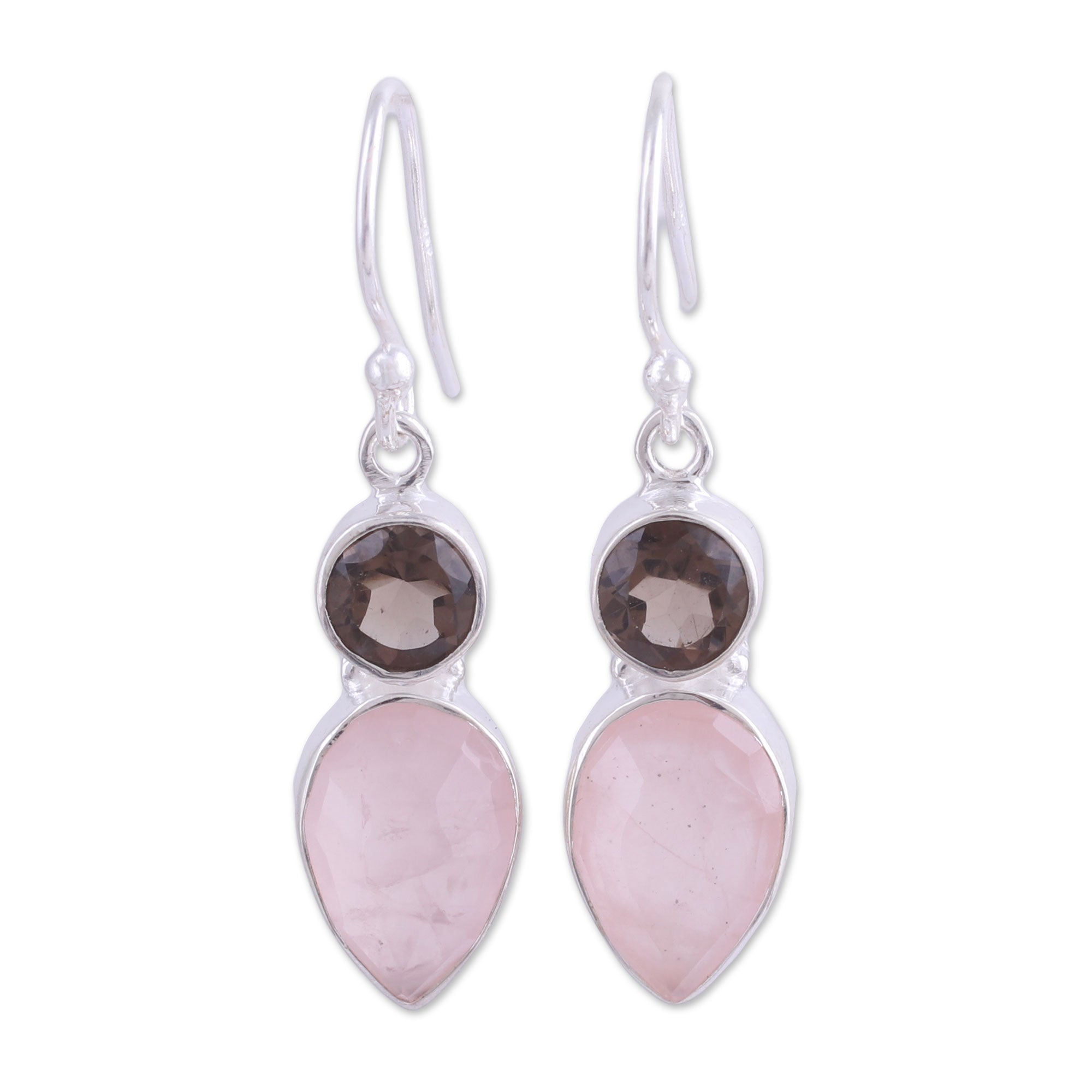 Premium Multi-Gem Dangle Earrings - Rose Quartz & Smoky Quartz