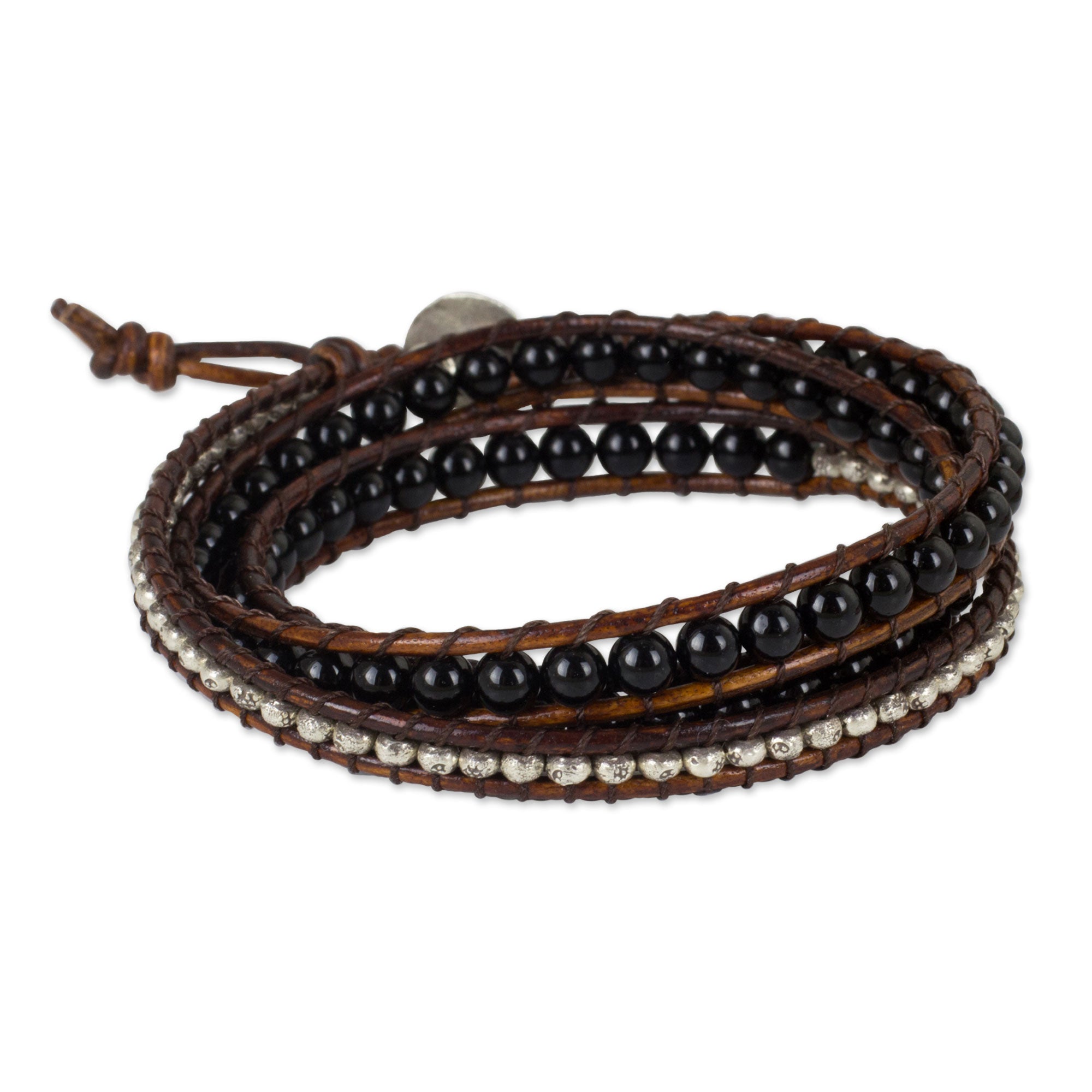 Premium Hill Tribe Boheme Onyx Leather Wrap Bracelet - Handcrafted in Thailand