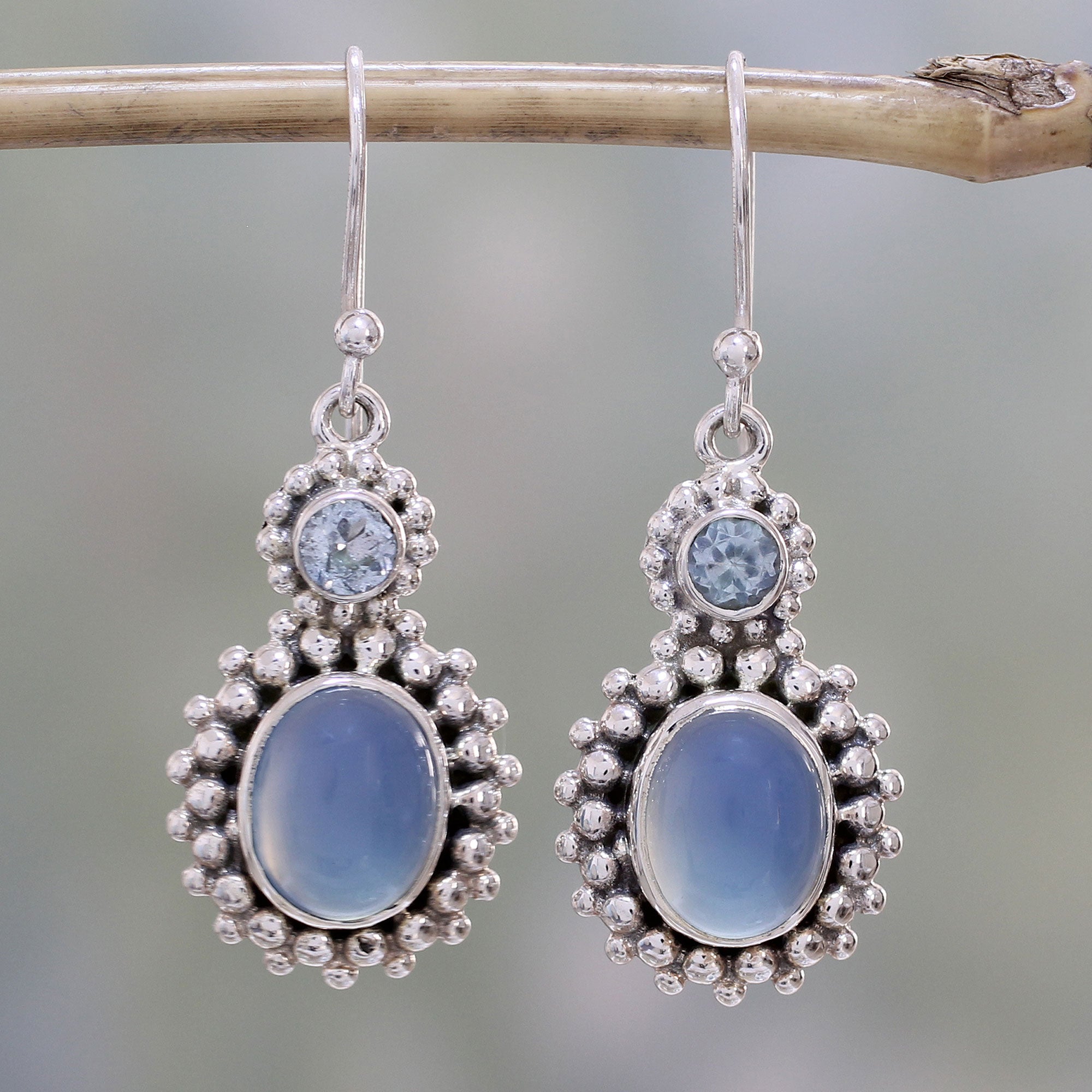 Premium Ocean Dots Chalcedony & Topaz Silver Dangle Earrings