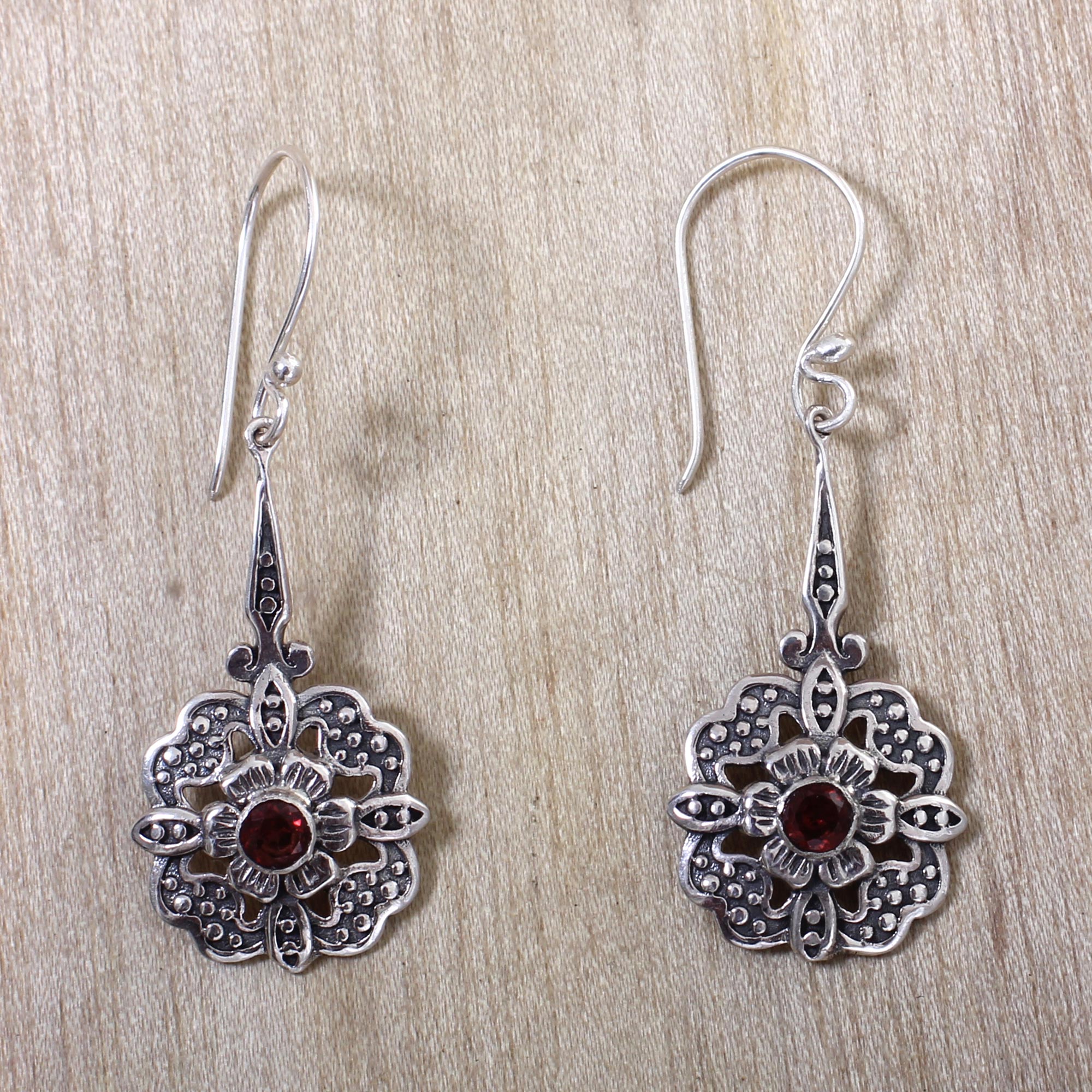 Premium Red Rafflesia Fair Trade Garnet Dangle Earrings - Floral Elegance