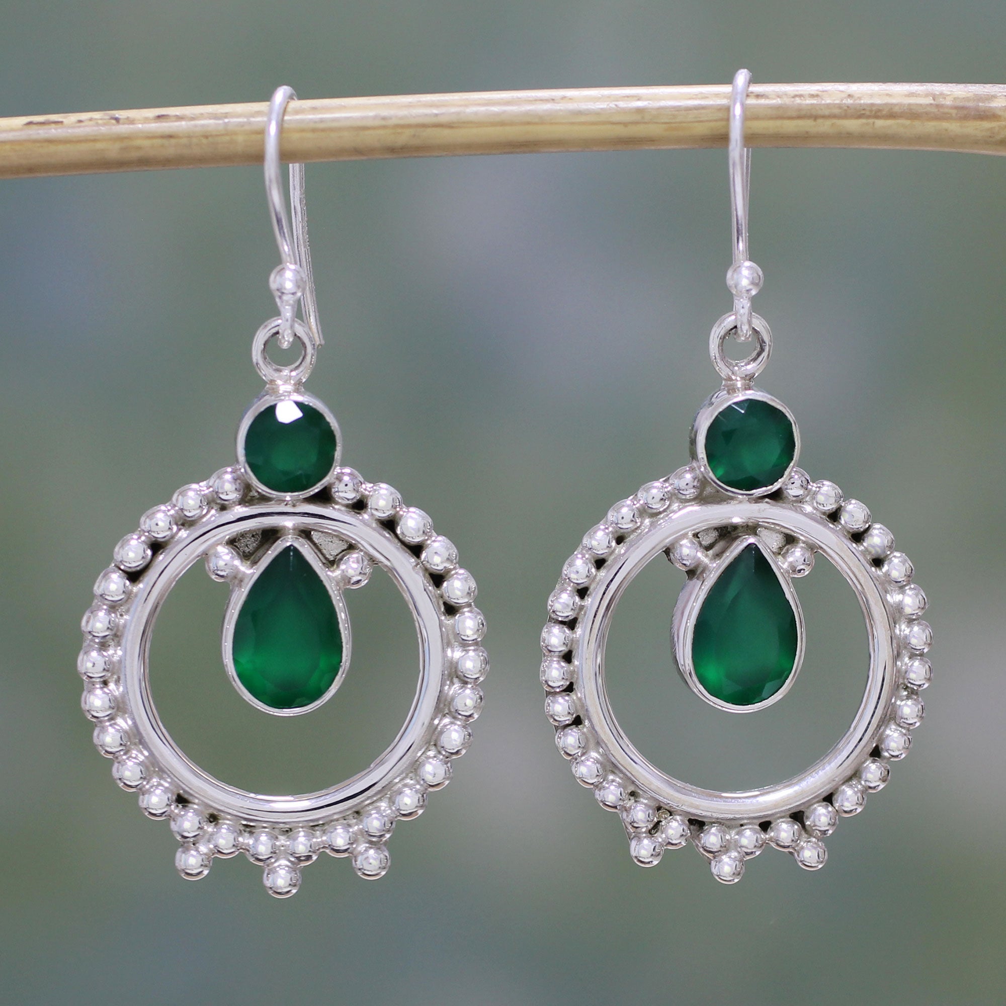 Premium Regal Circles Green Onyx Sterling Silver Dangle Earrings - Handcrafted in India