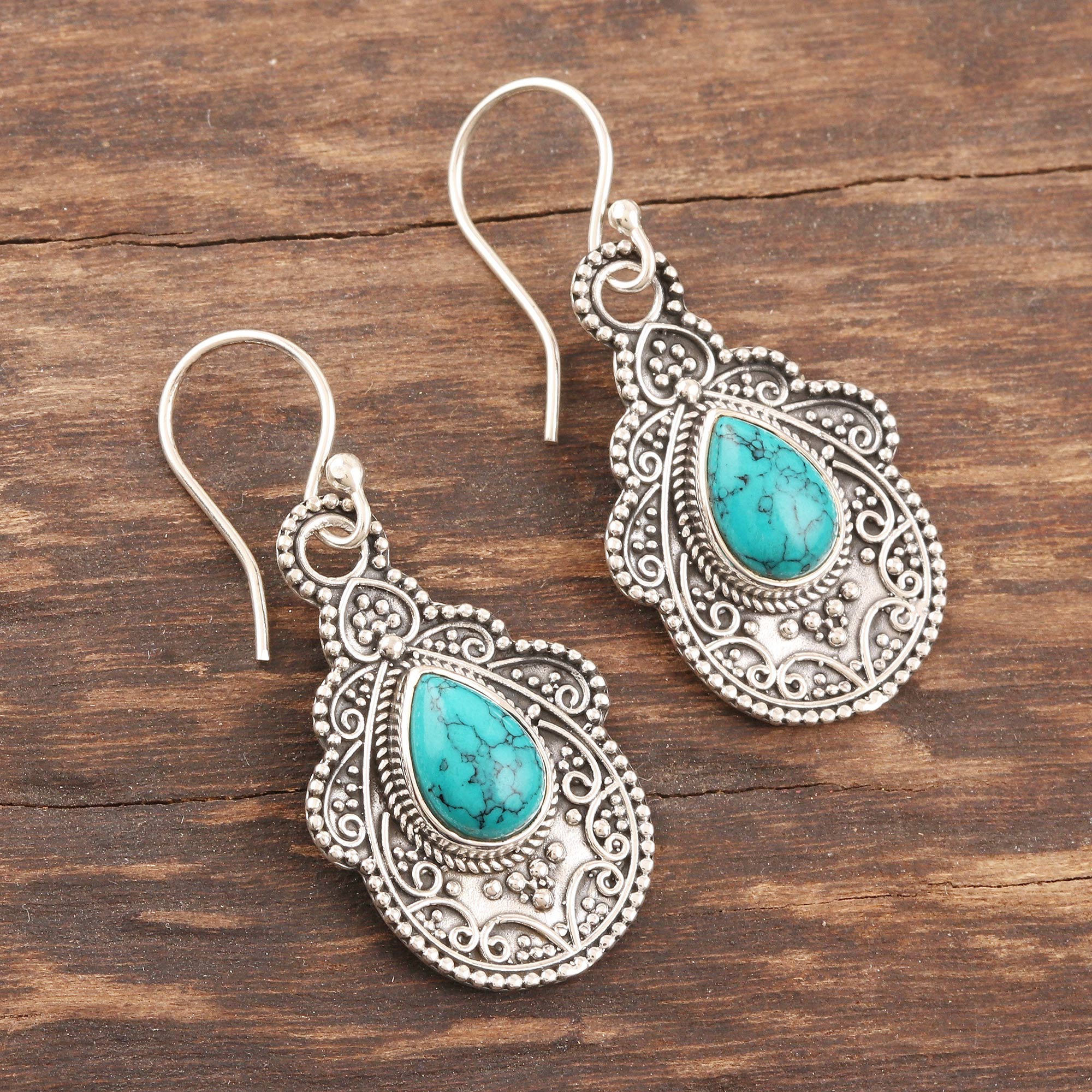 Premium Agra Aesthetic Oxidized Silver & Turquoise Dangle Earrings