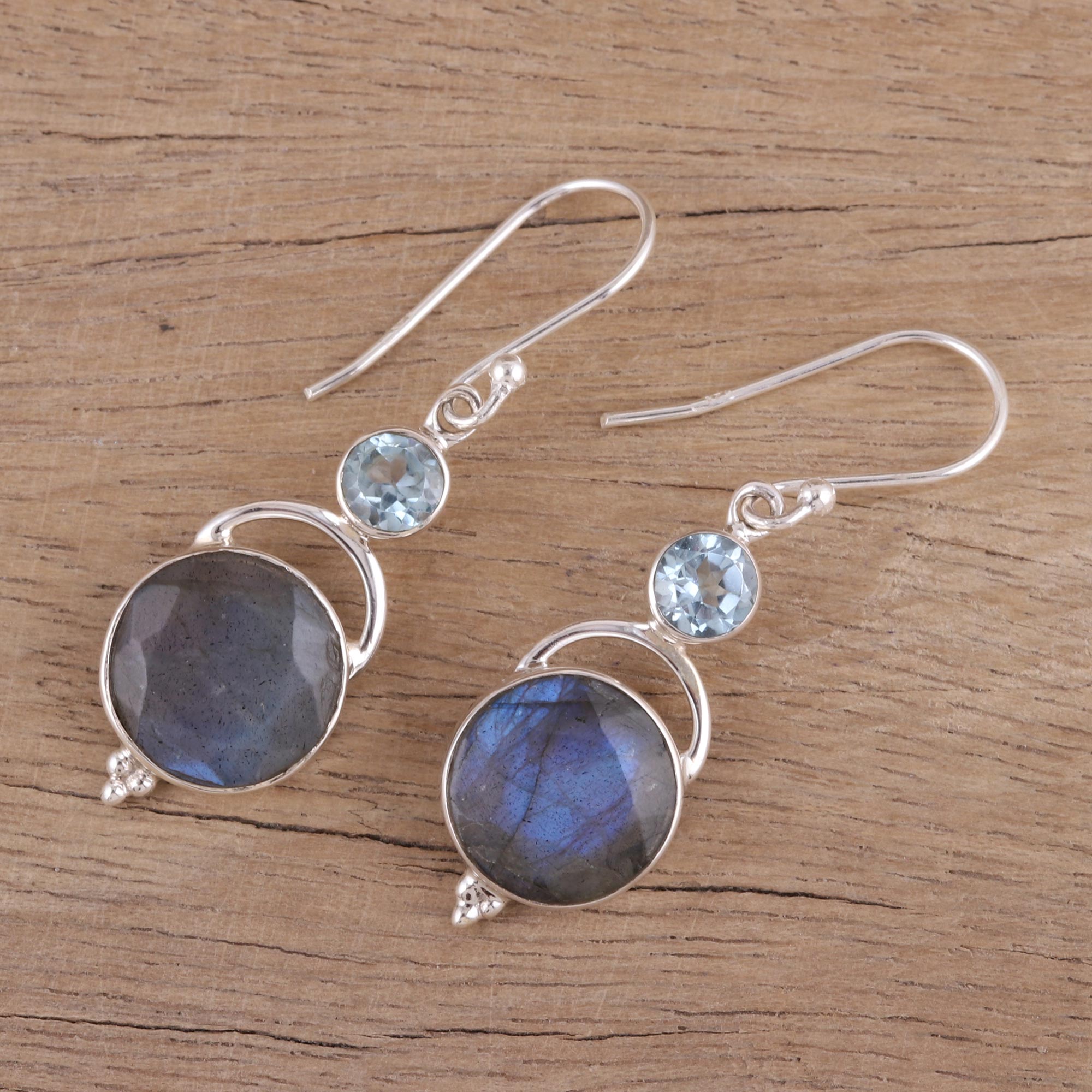 Premium Evening Sky Labradorite & Blue Topaz Dangle Earrings - Handcrafted in India