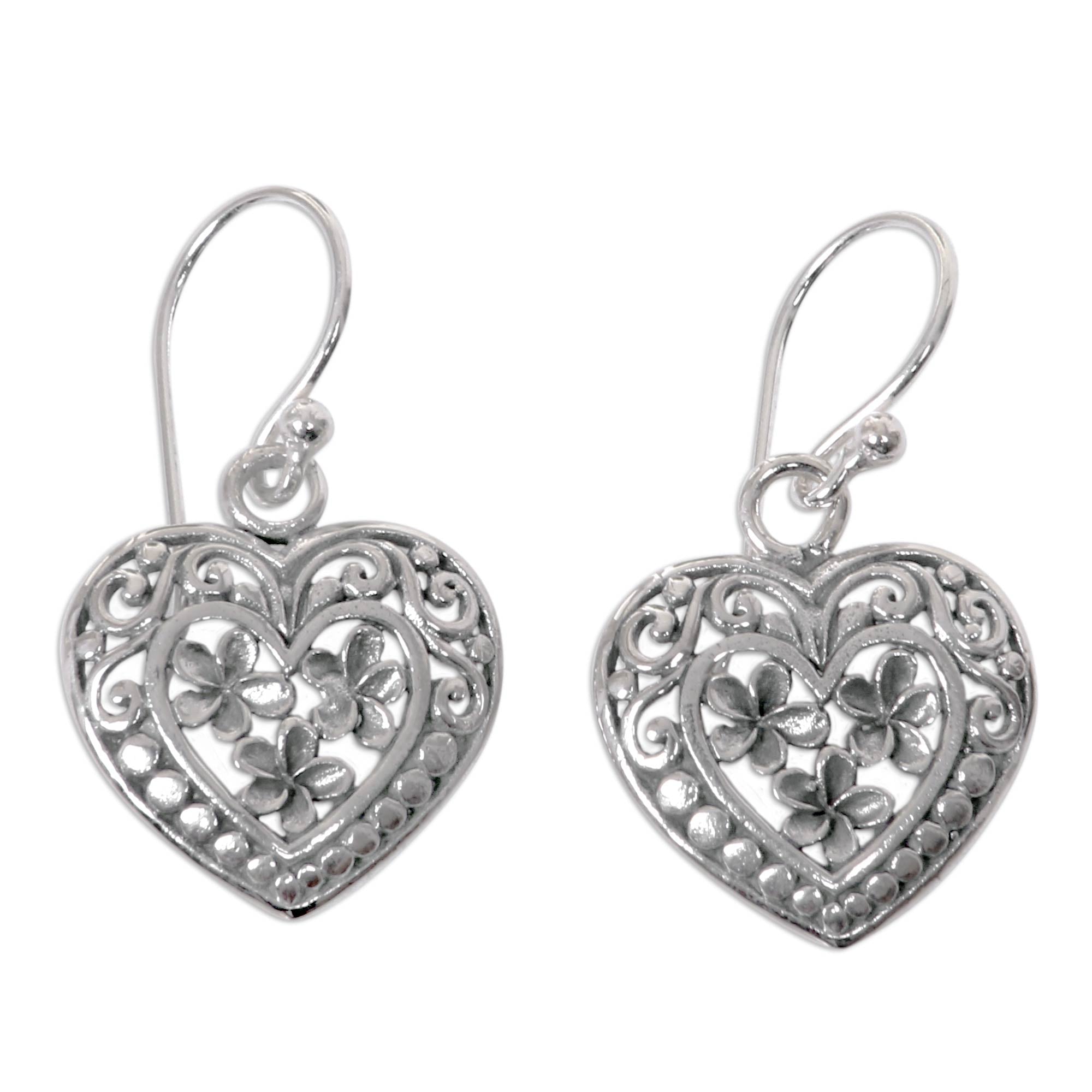 Premium Romantic Frangipani Sterling Silver Heart Earrings - Handcrafted Floral Design