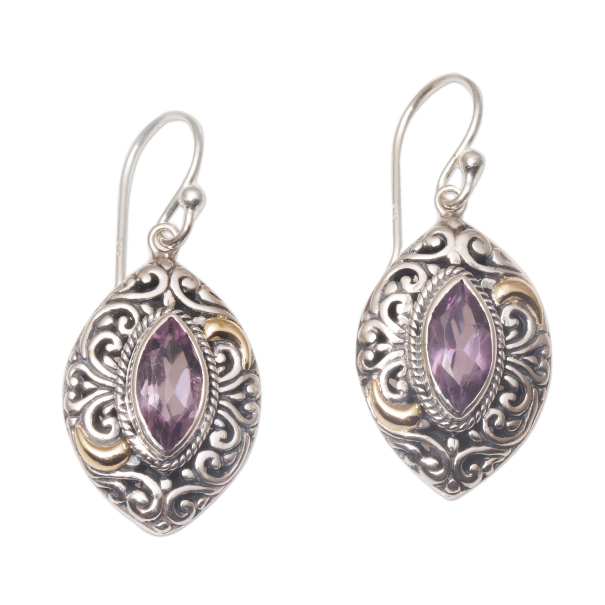 Premium Bali Amethyst Dangle Earrings with 18K Gold Accents