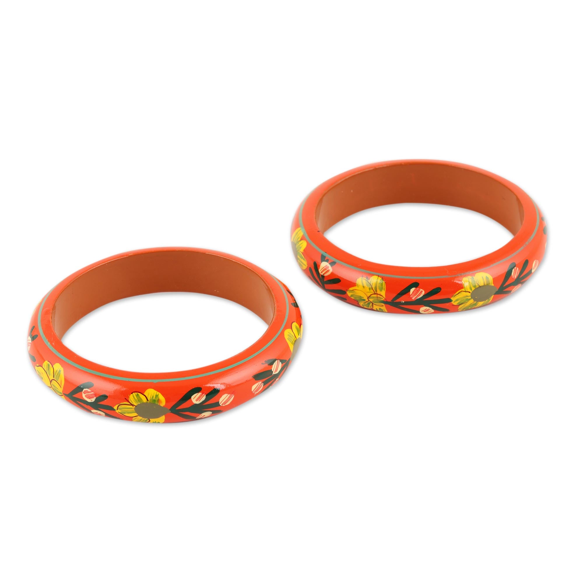 Premium Vermilion Garden Floral Haldu Wood Bangle Bracelets (Pair) - Handcrafted Elegance