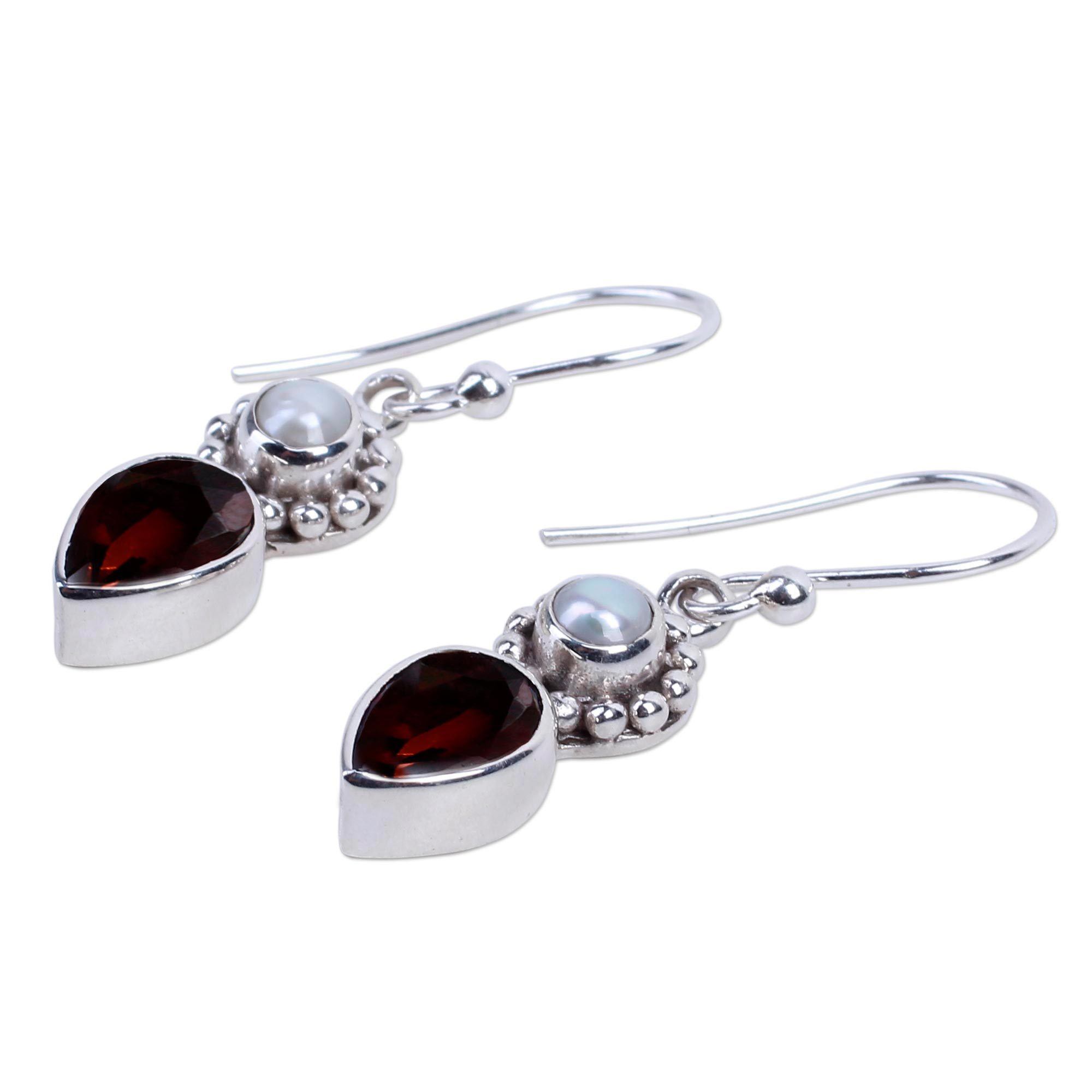 Premium Garnet & Pearl Tear Dangle Earrings - Mughal Inspired Elegance