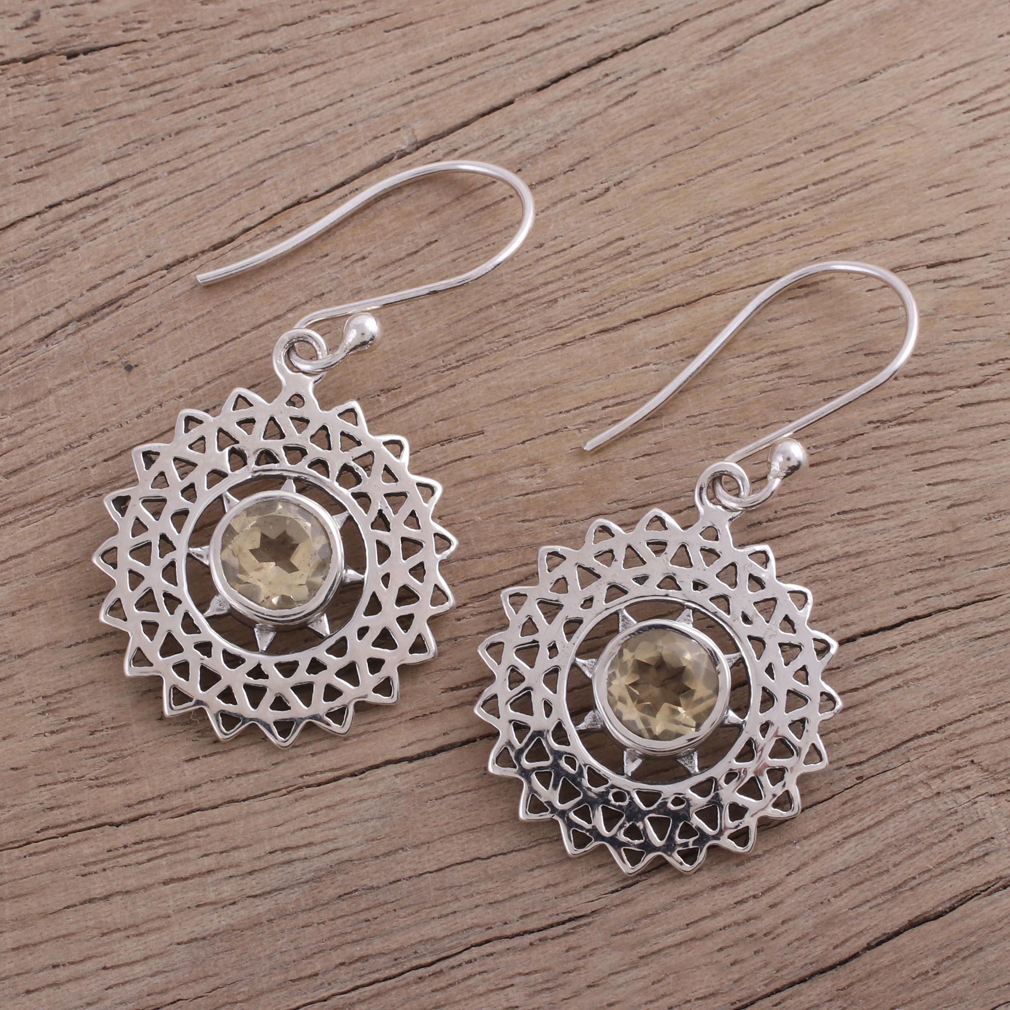 Premium Citrine and Silver Sun Ray Dangle Earrings - Handcrafted in India