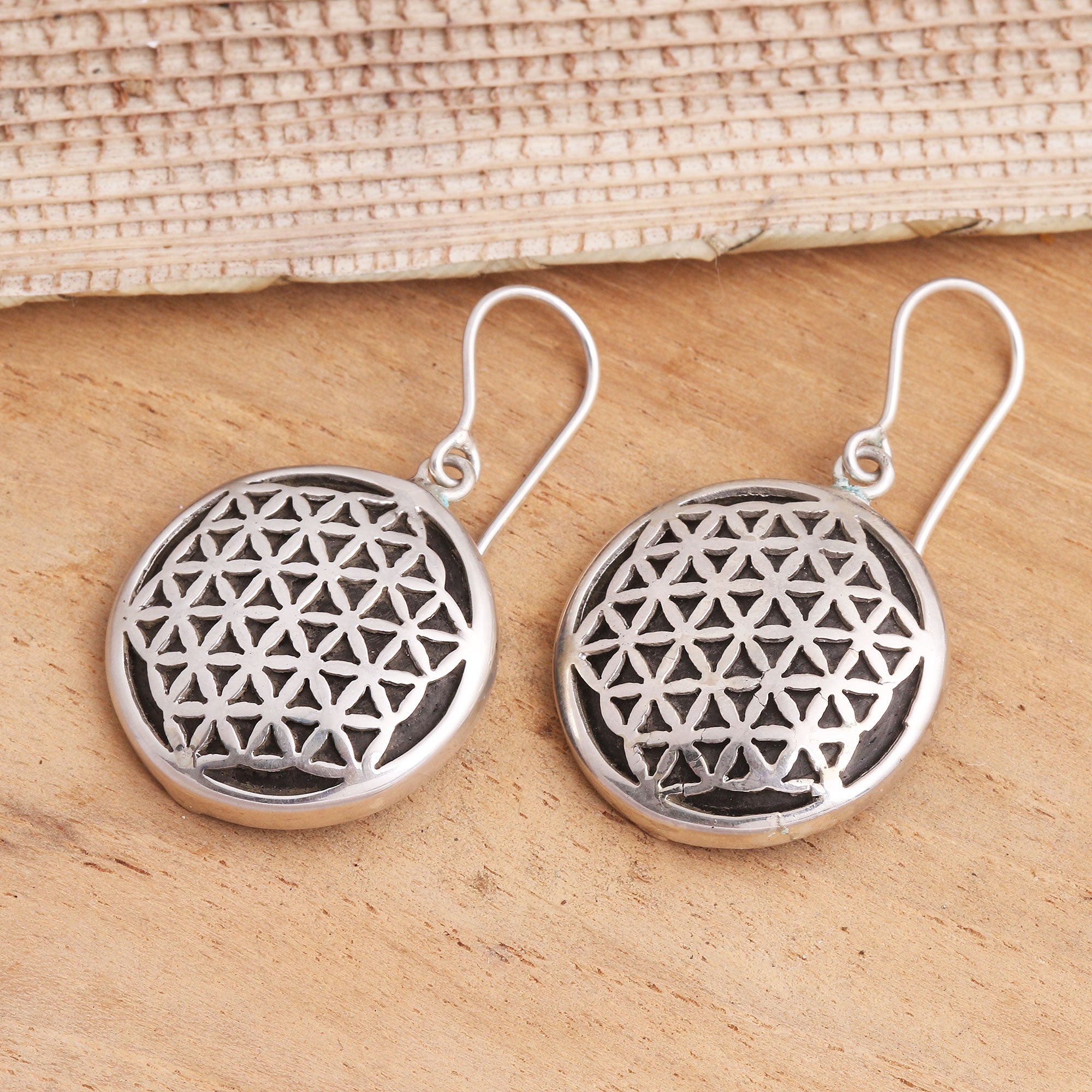 Premium Flower of Life Sterling Silver & Arang Wood Dangle Earrings