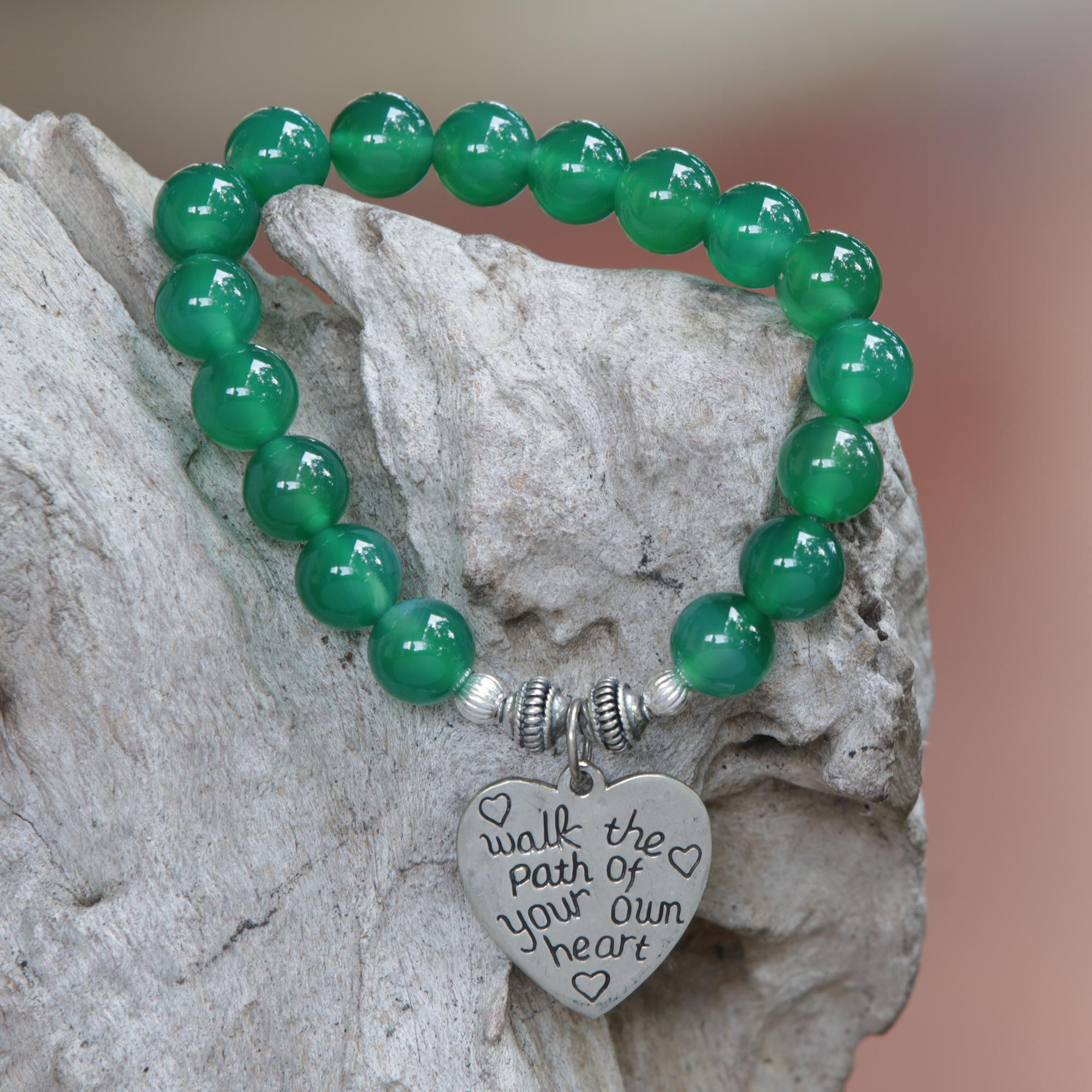 Premium Green Agate & Heart Charm Beaded Bracelet - Walk the Path of Love