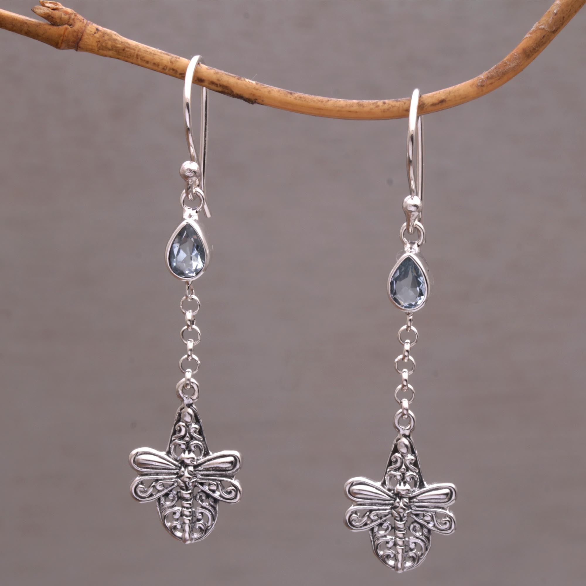 Premium Dragonfly Altar Earrings – Handmade 925 Sterling Silver with Blue Topaz
