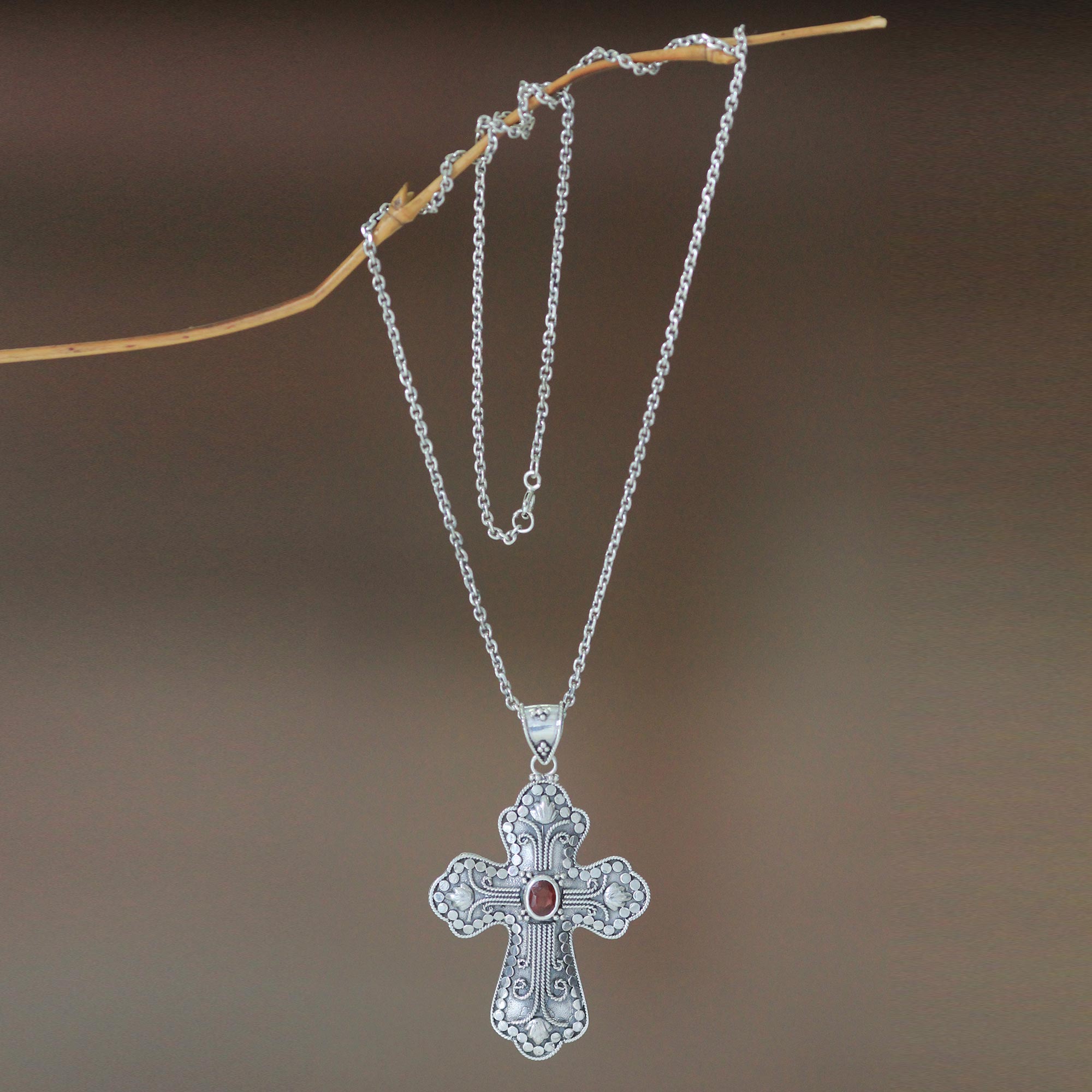 Premium Redemption Garnet Cross Necklace - Elegant Sterling Silver Pendant