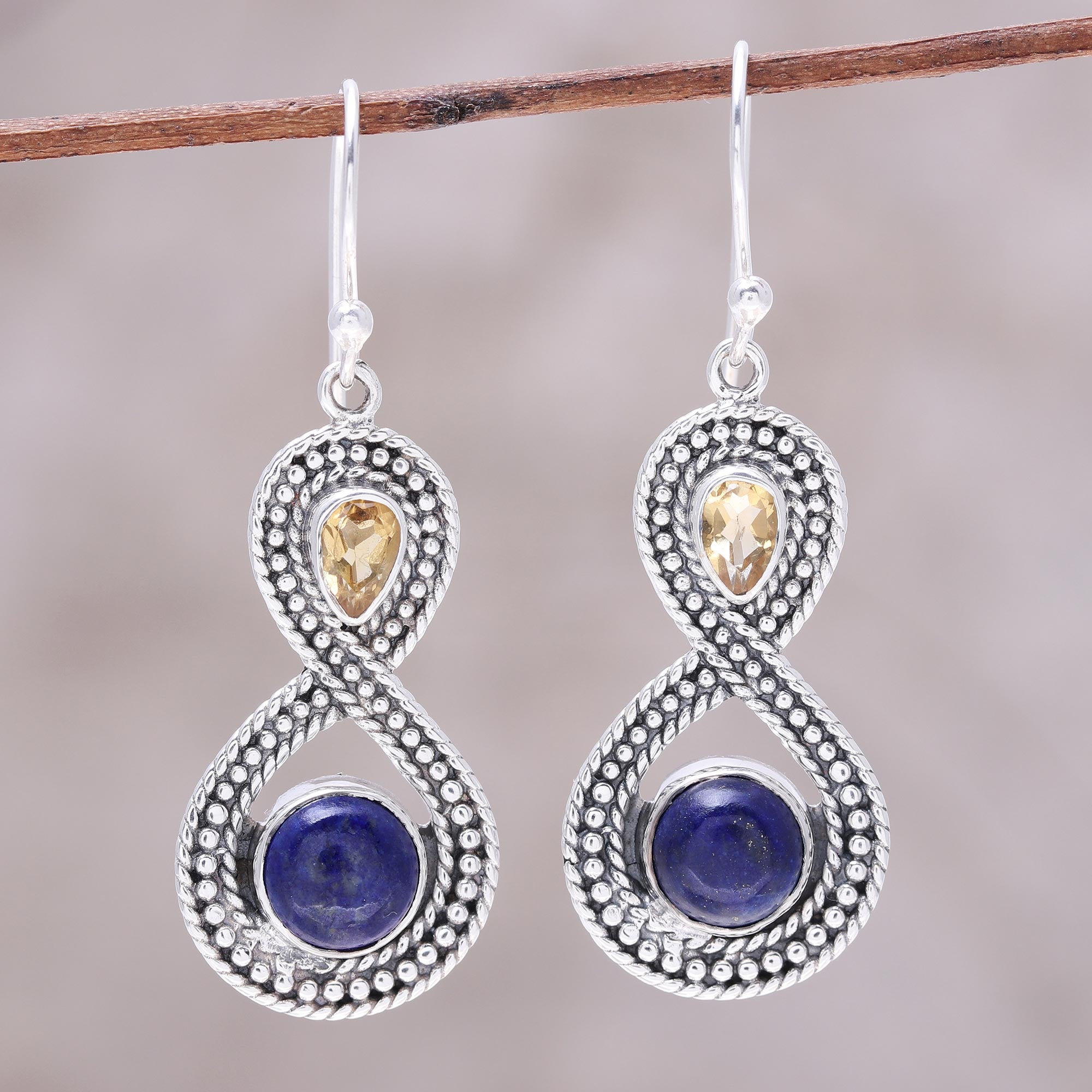 Premium Starlit Sky Citrine & Lapis Lazuli Sterling Silver Dangle Earrings