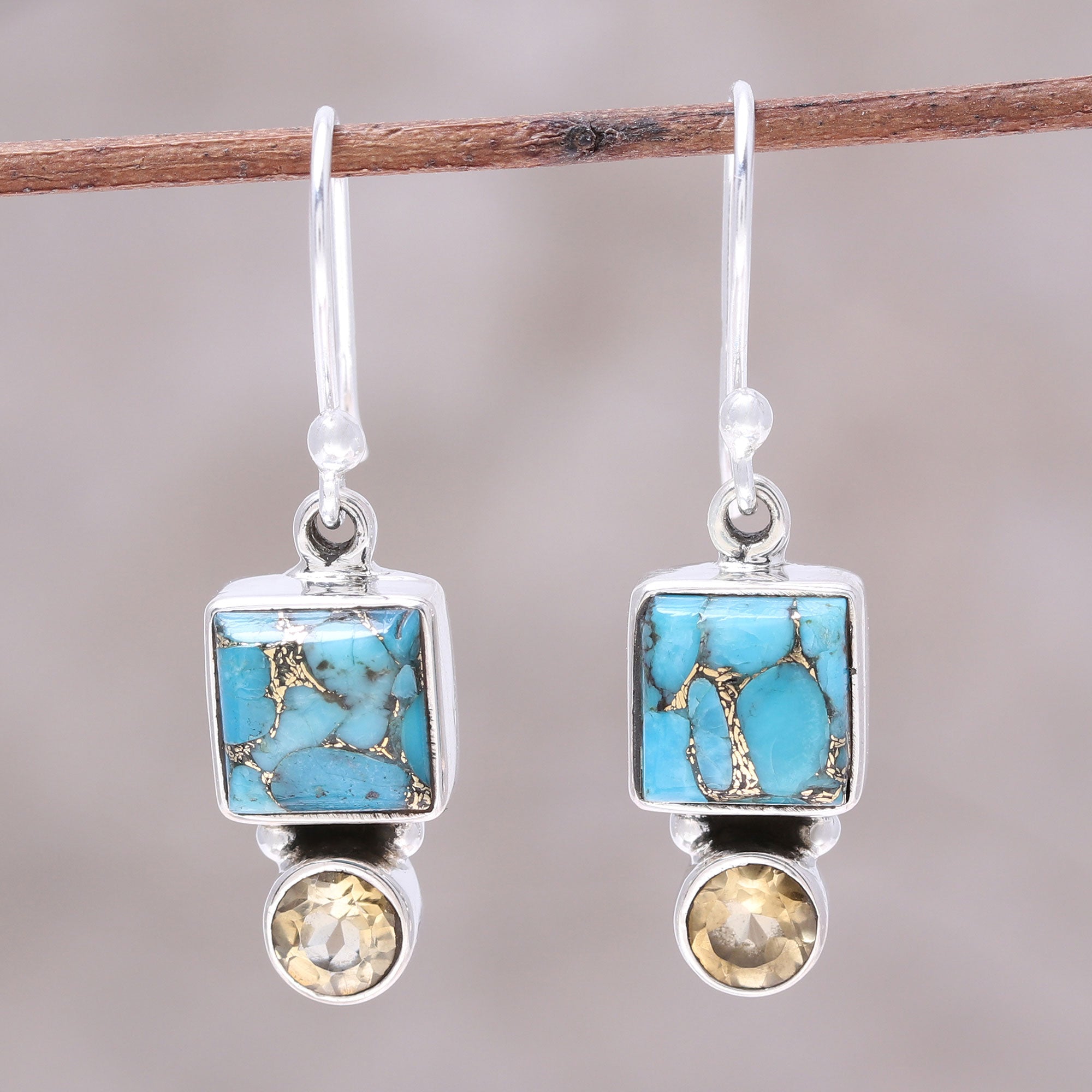 Premium Citrine & Turquoise Dangle Earrings - Handcrafted Sterling Silver Jewelry from India