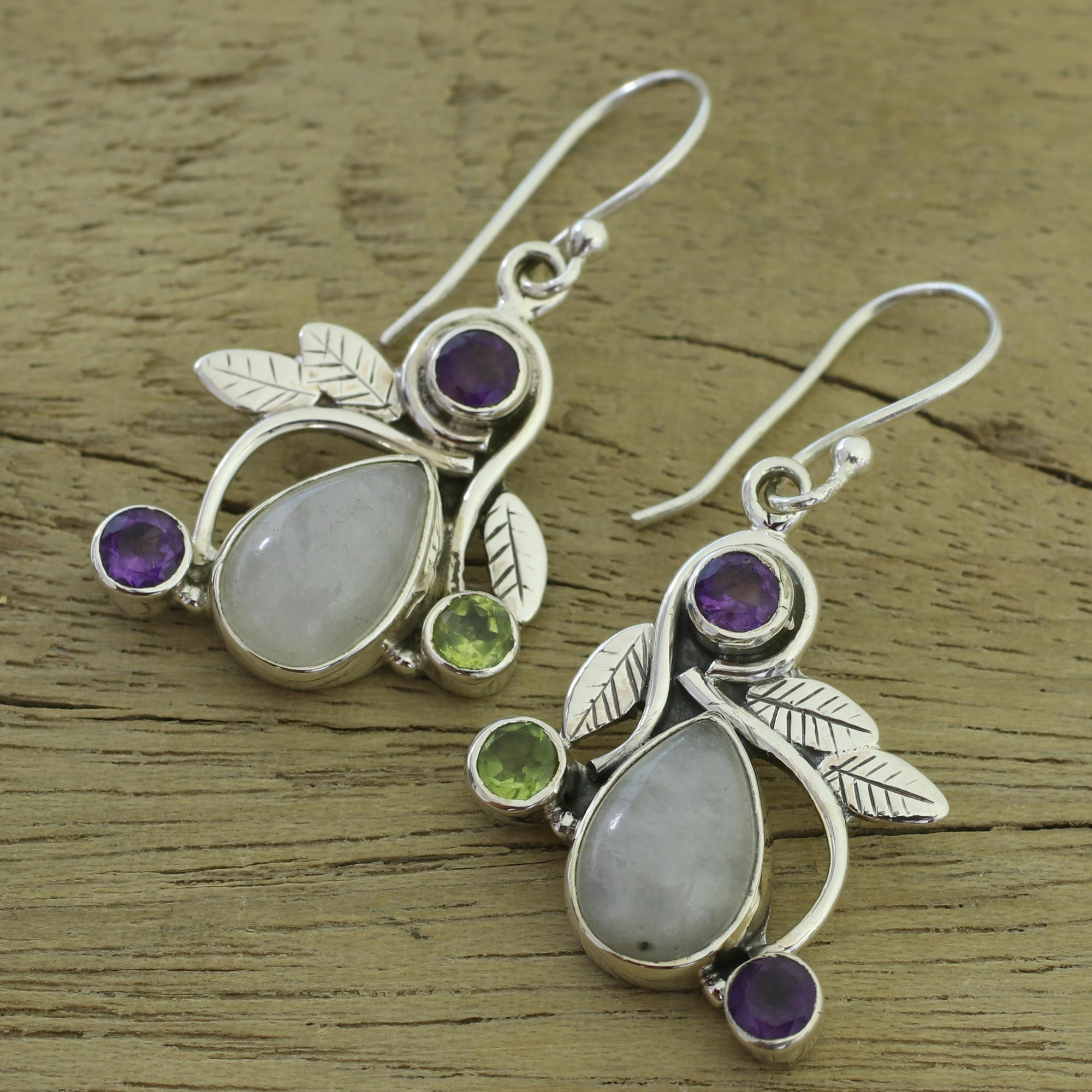 Premium Luminous Beauty Rainbow Moonstone Earrings with Amethyst and Peridot – Handcrafted Sterling Silver Jewelry