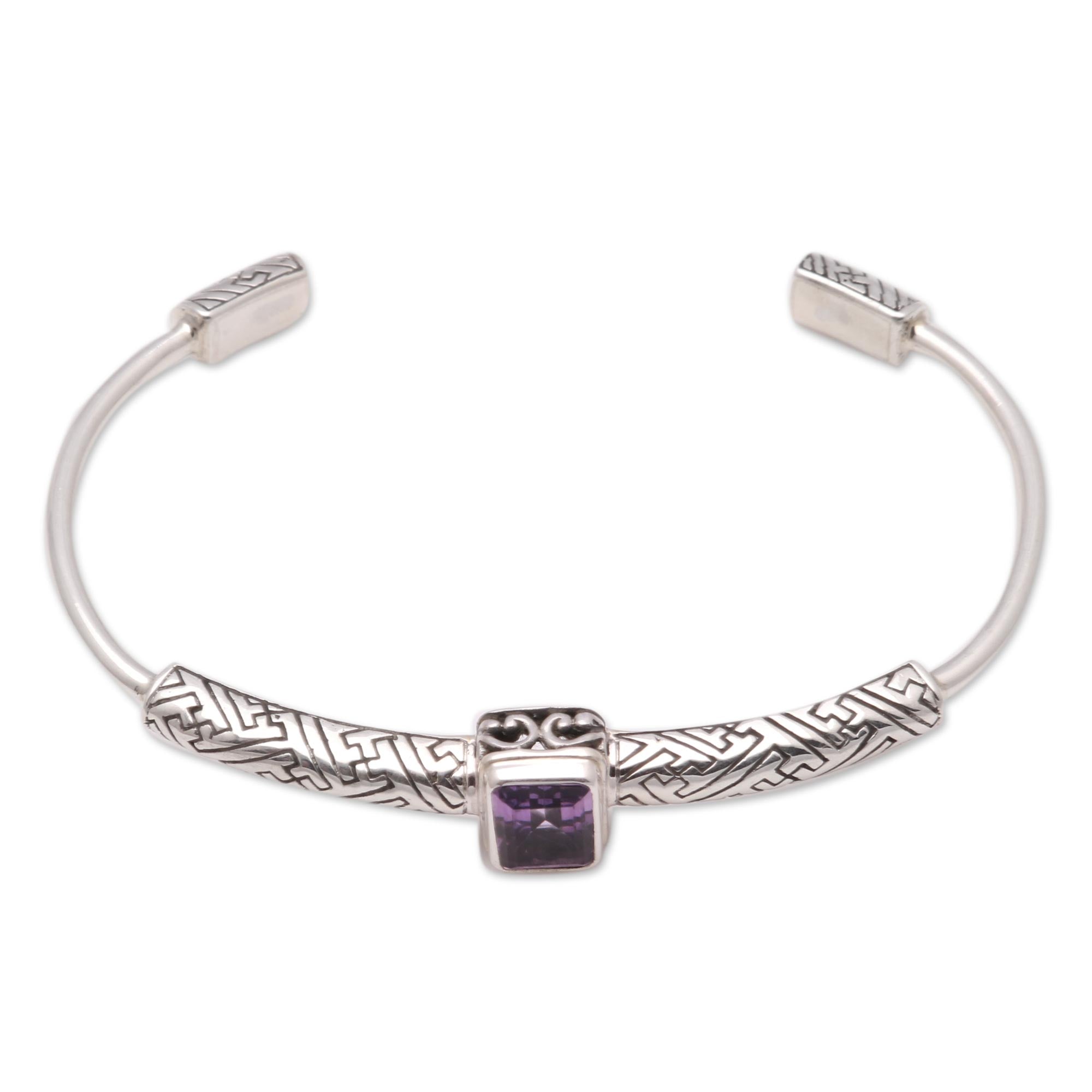 Premium 2-Carat Amethyst Cuff Bracelet - Handcrafted Sterling Silver Jewelry from Bali