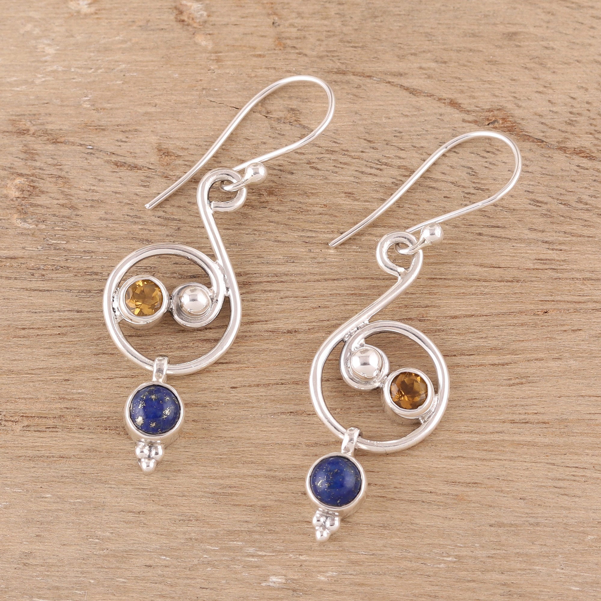 Premium Swirling Royal Lapis Lazuli & Citrine Dangle Earrings - Handcrafted in India