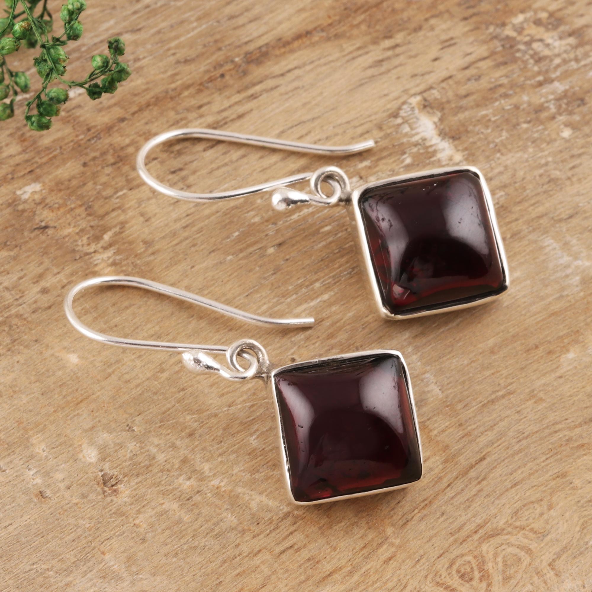 Premium Fiery Square Garnet Dangle Earrings - Handcrafted Sterling Silver Jewelry