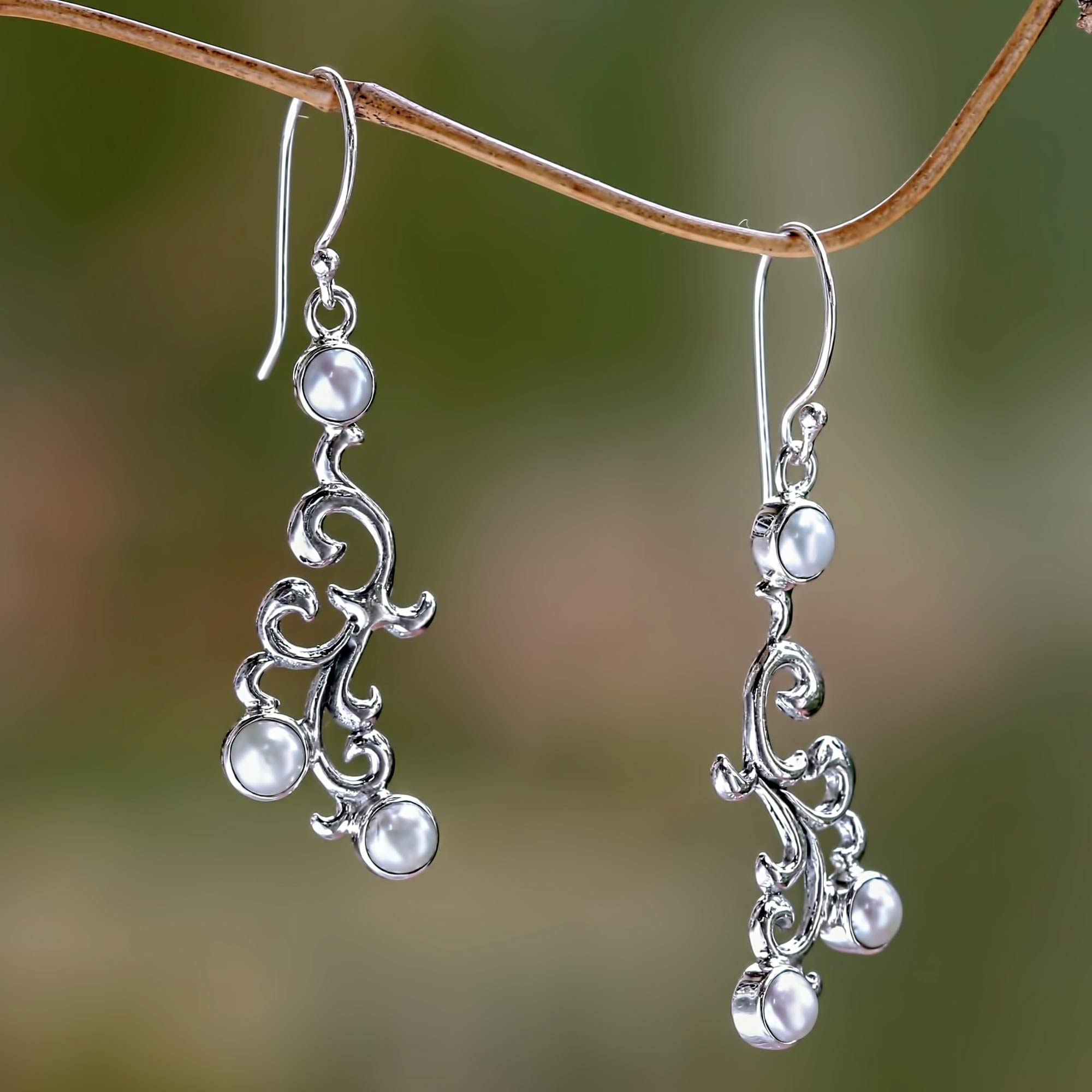 Premium Singaraja Vines Sterling Silver & Cultured Pearl Dangle Earrings - Elegant Bali Design