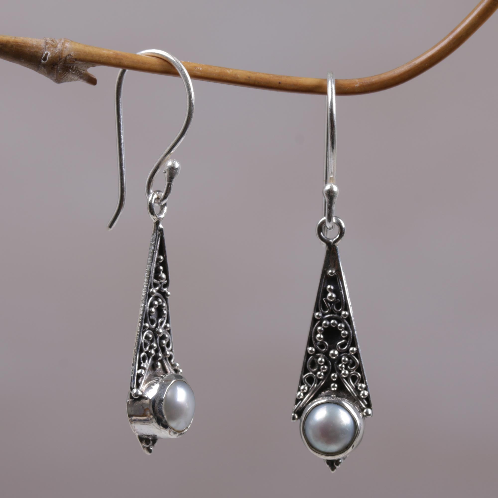 Premium Triangular Moons Mabe Pearl Dangle Earrings - Handcrafted in Bali