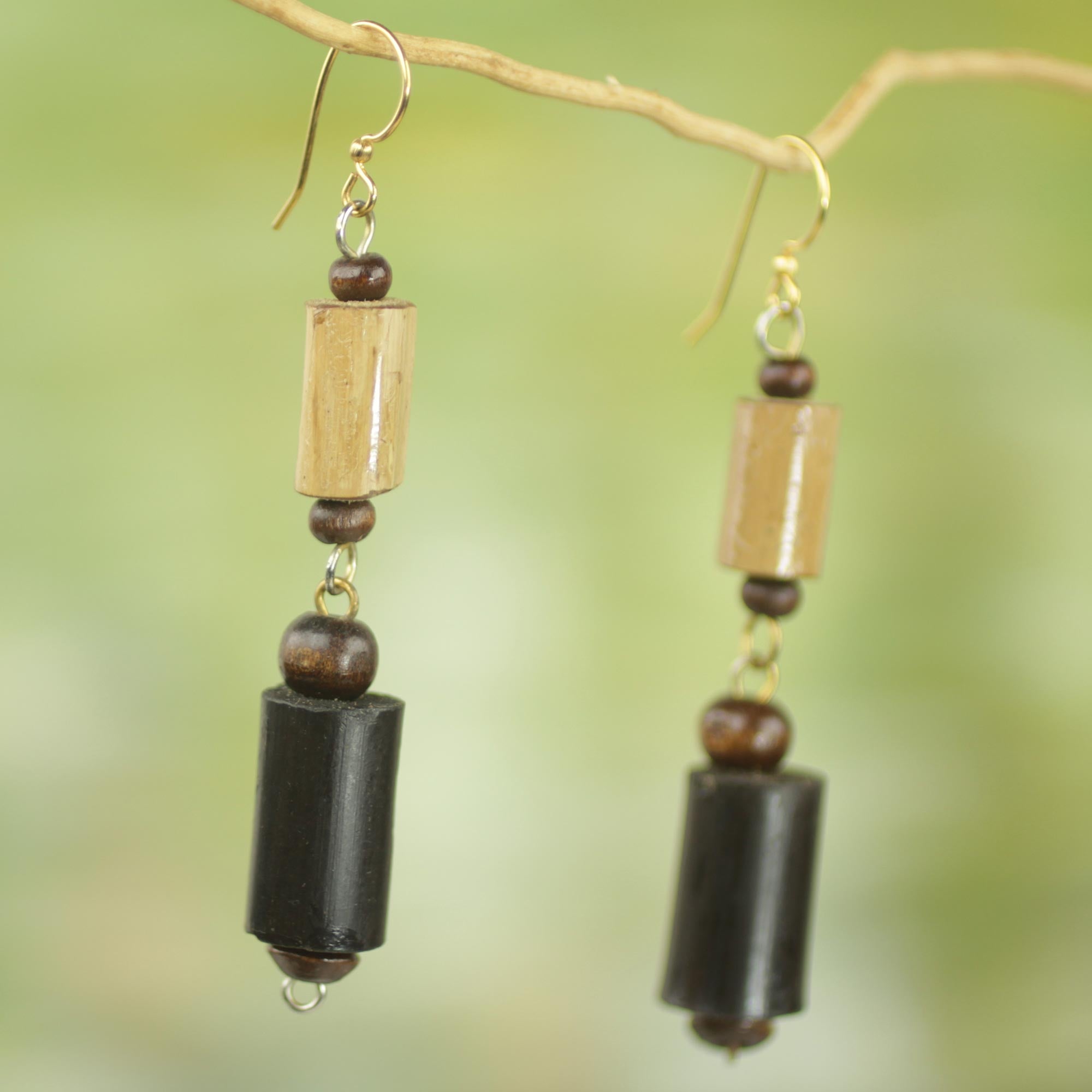 Premium African Bamboo & Sese Wood Dangle Earrings with Brass Hooks – Handcrafted in Ghana