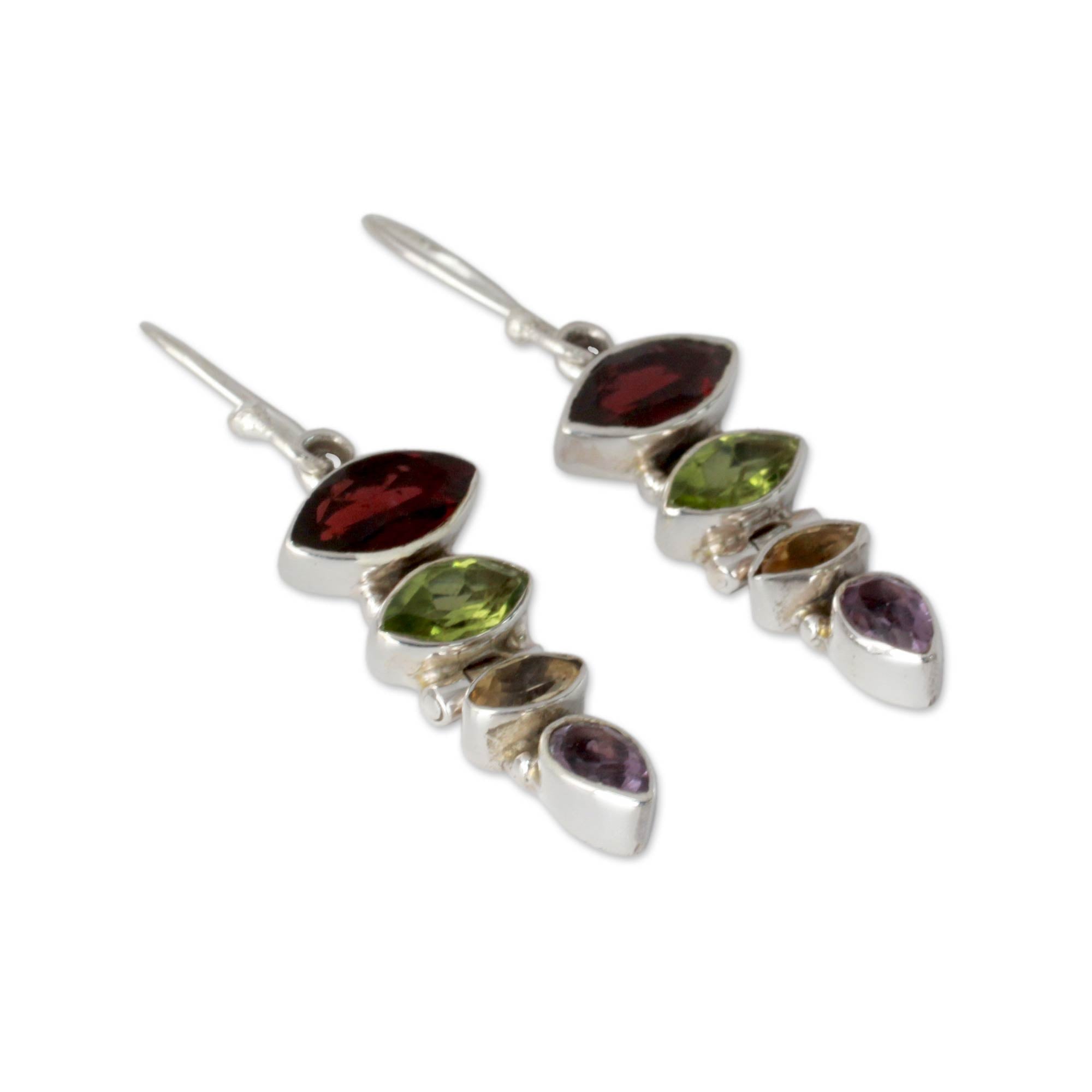 Premium Quartet Gemstone Dangle Earrings with Garnet, Peridot & Amethyst