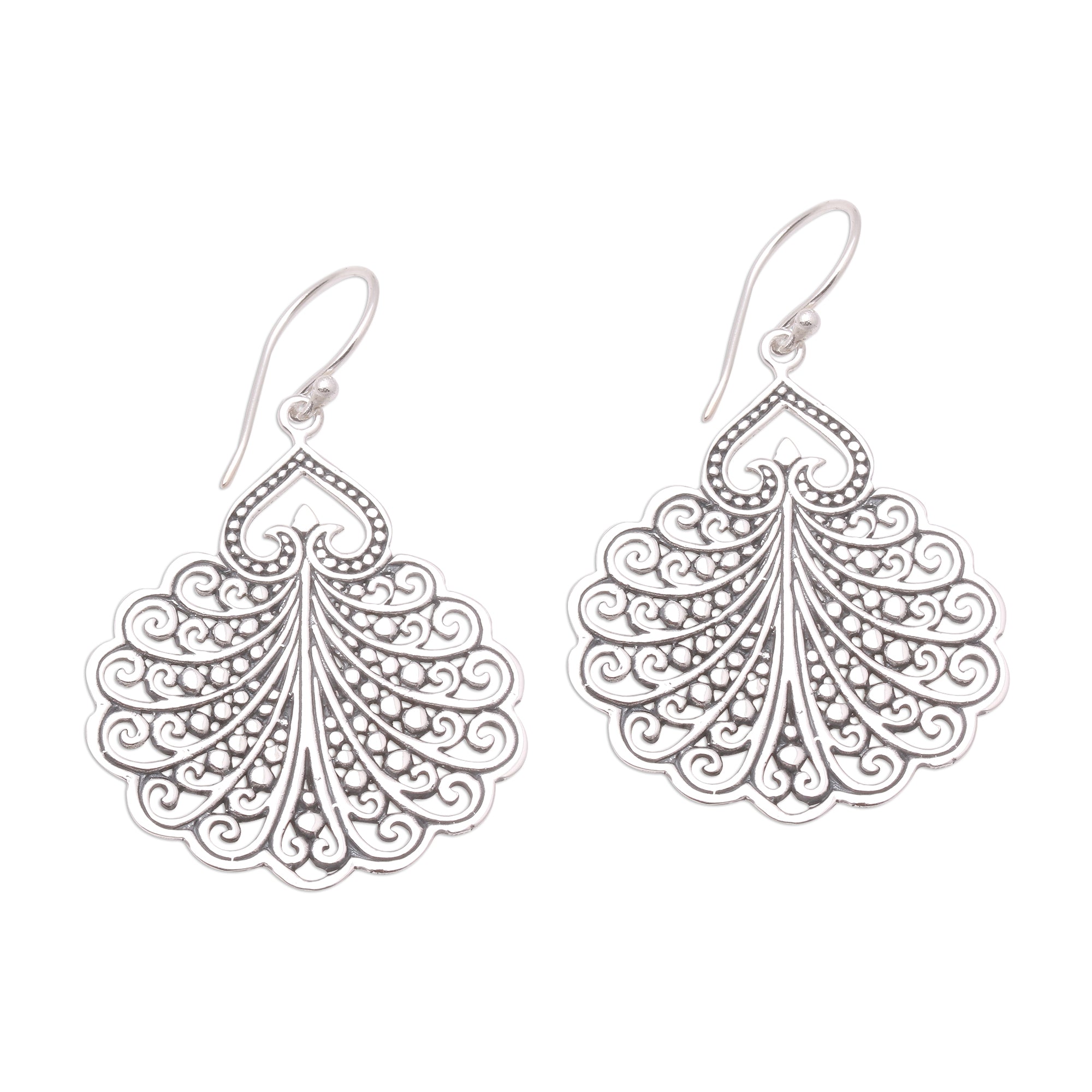 Premium Peacock Tail Sterling Silver Dangle Earrings - Handcrafted in Bali