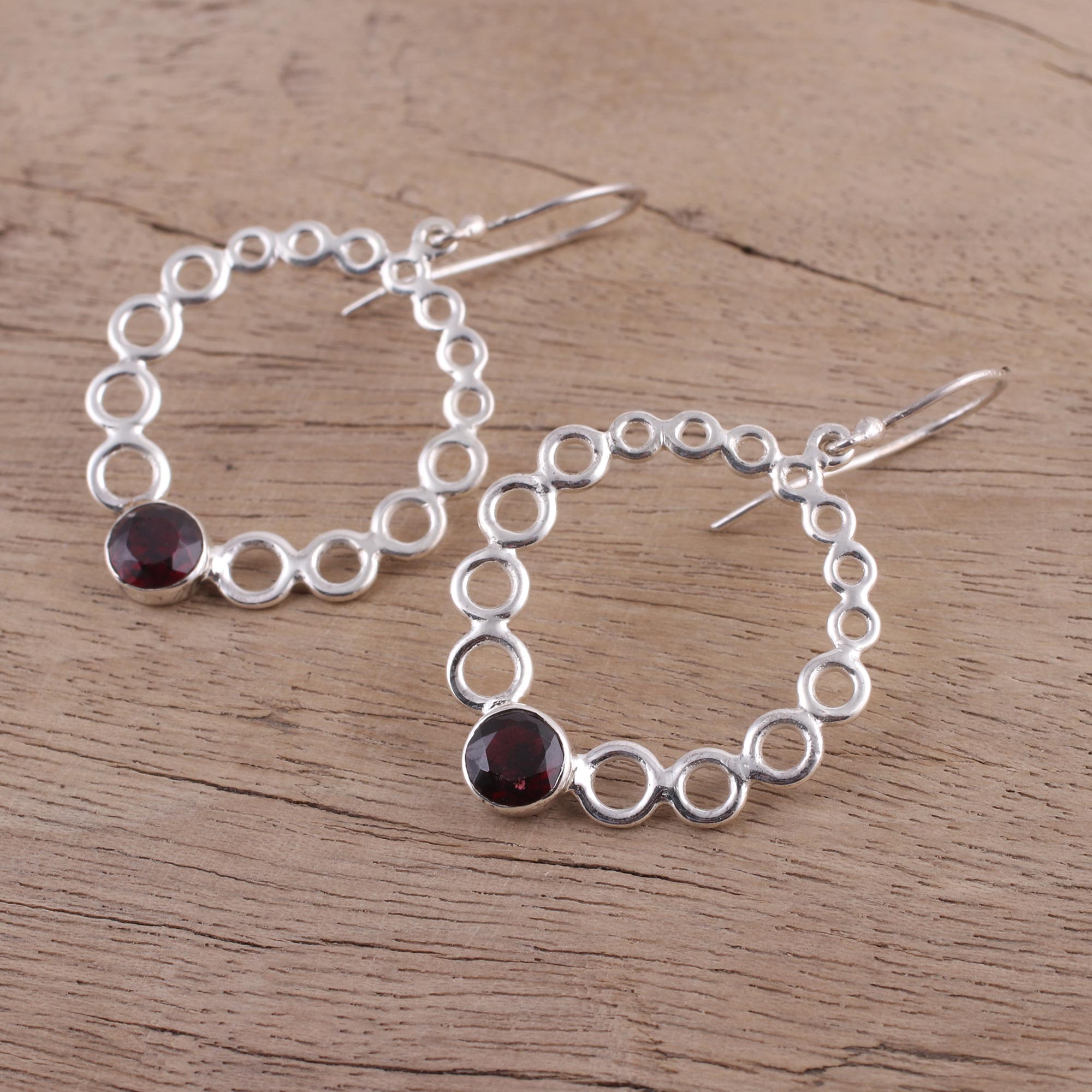 Premium Halo Circle Garnet Dangle Earrings - Handcrafted Sterling Silver Jewelry from India