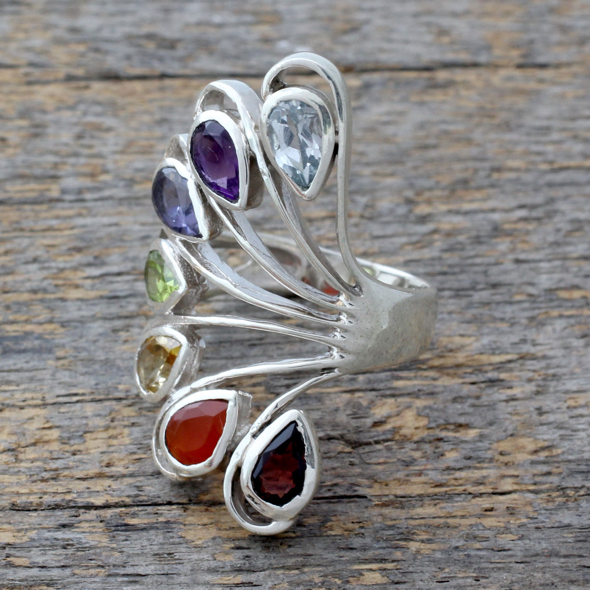 Premium Chakra Harmony Multi-Gemstone Silver Ring - Ultimate Spiritual Jewelry from India