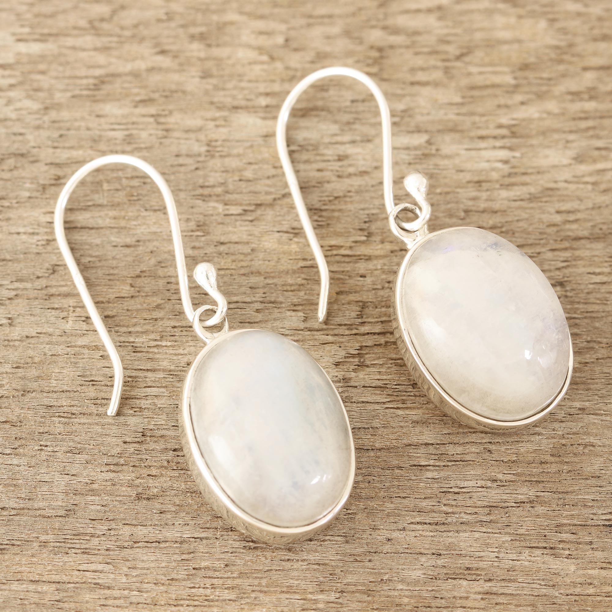 Premium Eternal Ovals Natural Rainbow Moonstone Dangle Earrings - Handcrafted in India