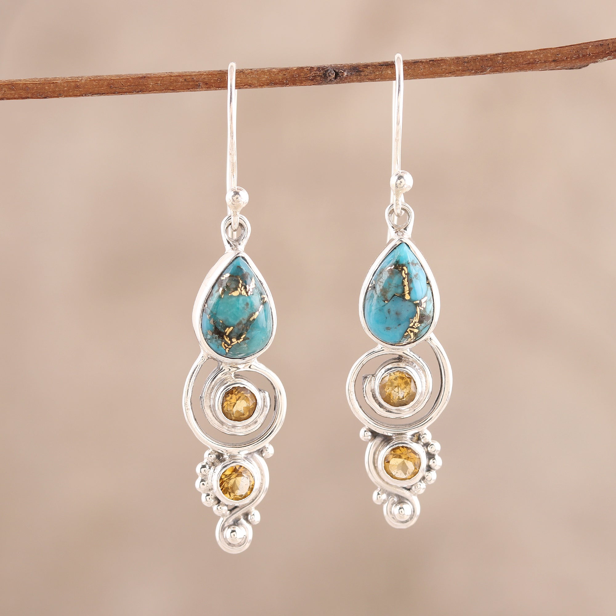 Premium Citrine & Turquoise Dangle Earrings - Handcrafted Sterling Silver Jewelry from India